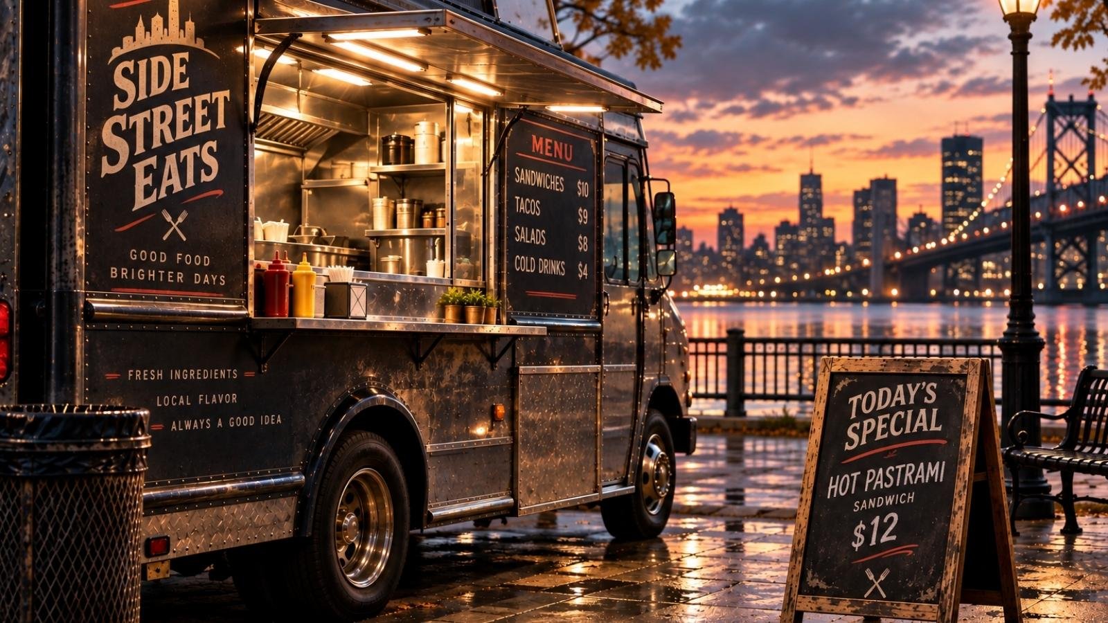 Food truck named Side Street Eats parked along a waterfront promenade in the early evening.
