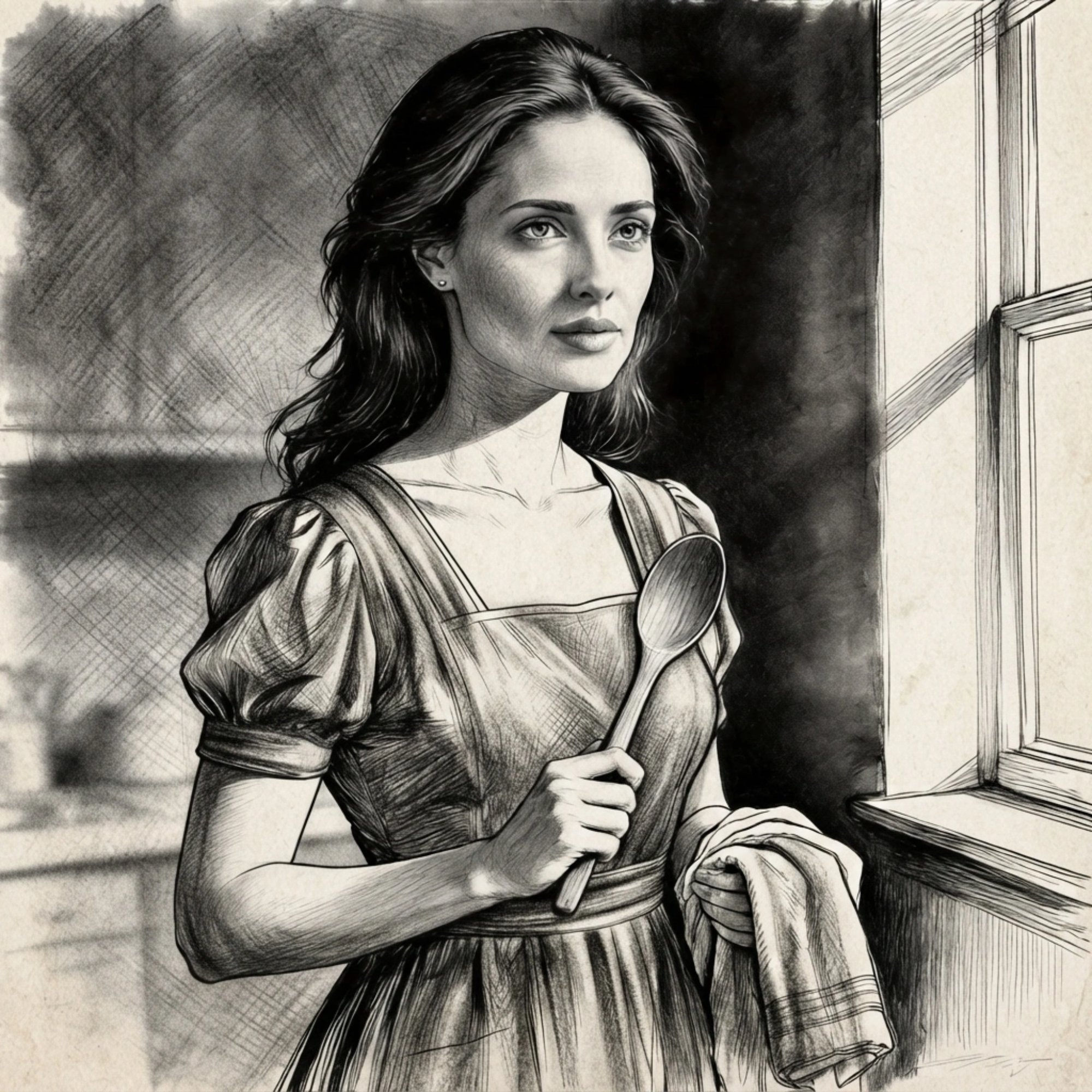 Angelina stands in her kitchen holding a wooden spoon, pausing as she looks toward the window, lost in thought.