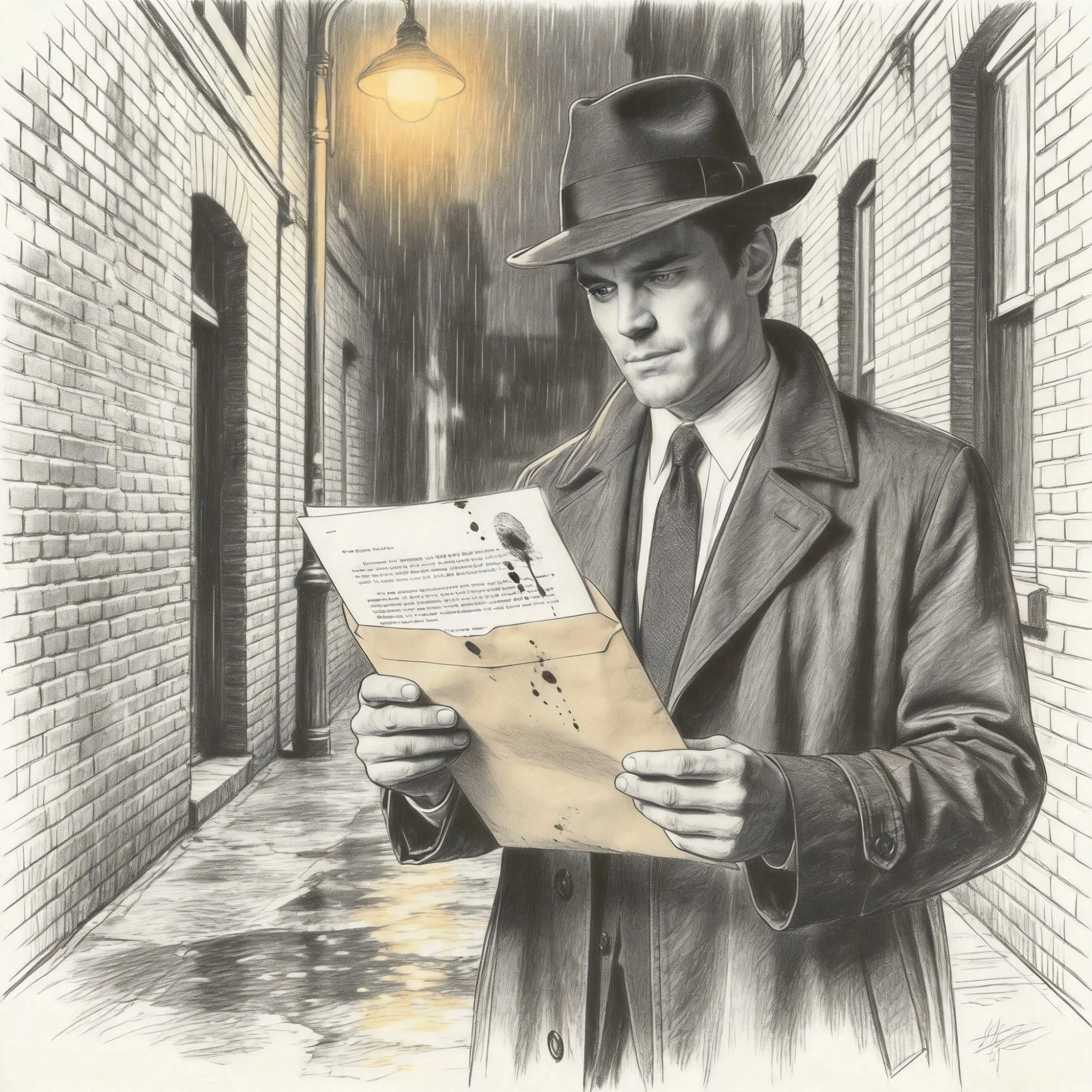 Private investigator Max Sterling examines a bloodstained manila envelope beneath a rain-soaked alley streetlamp.