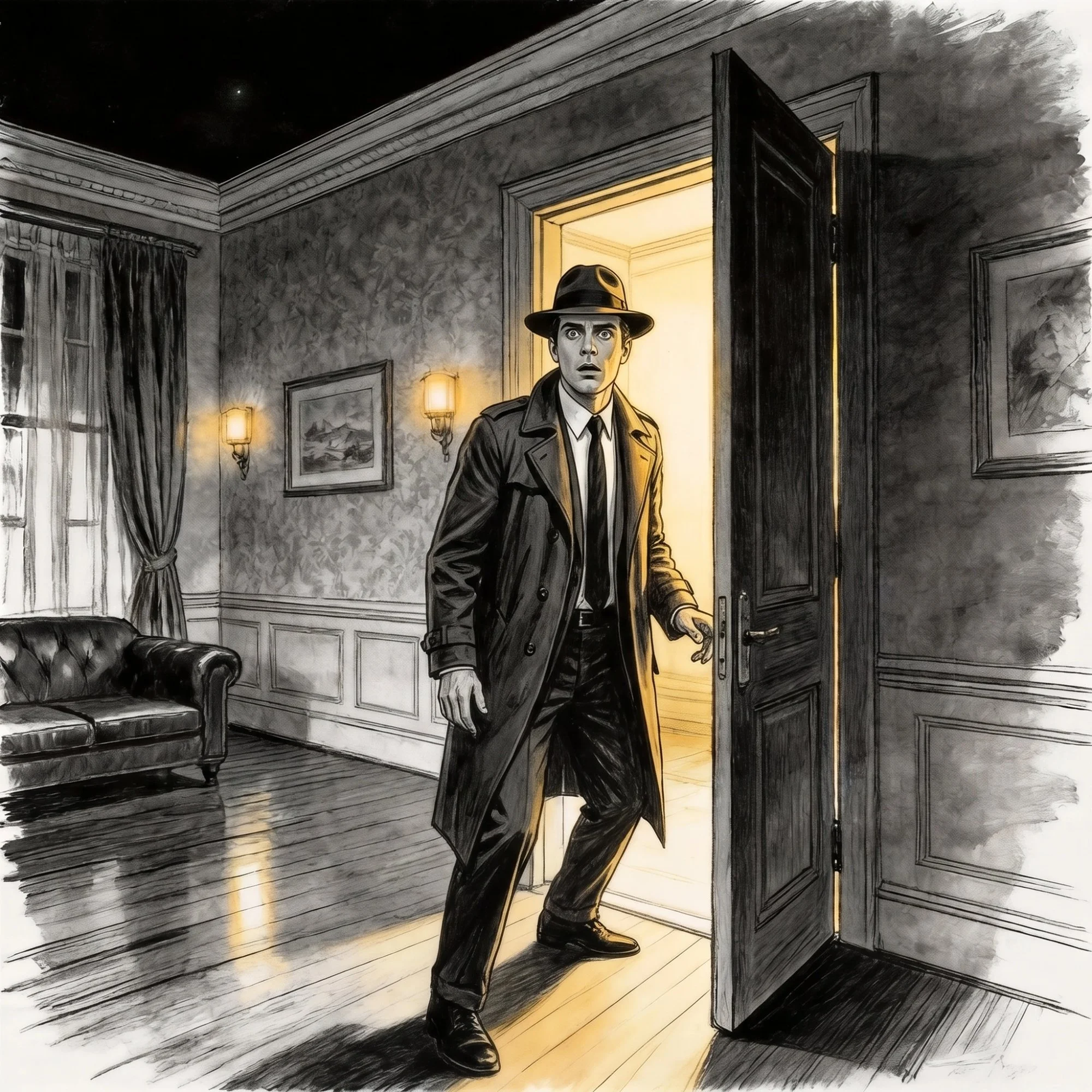 Max Moxie cautiously steps into Ludlow's study, stunned by the unsettling scene waiting beyond the open door.