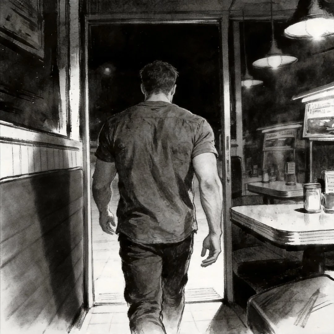 Man walking away from a diner at night in a moody noir scene