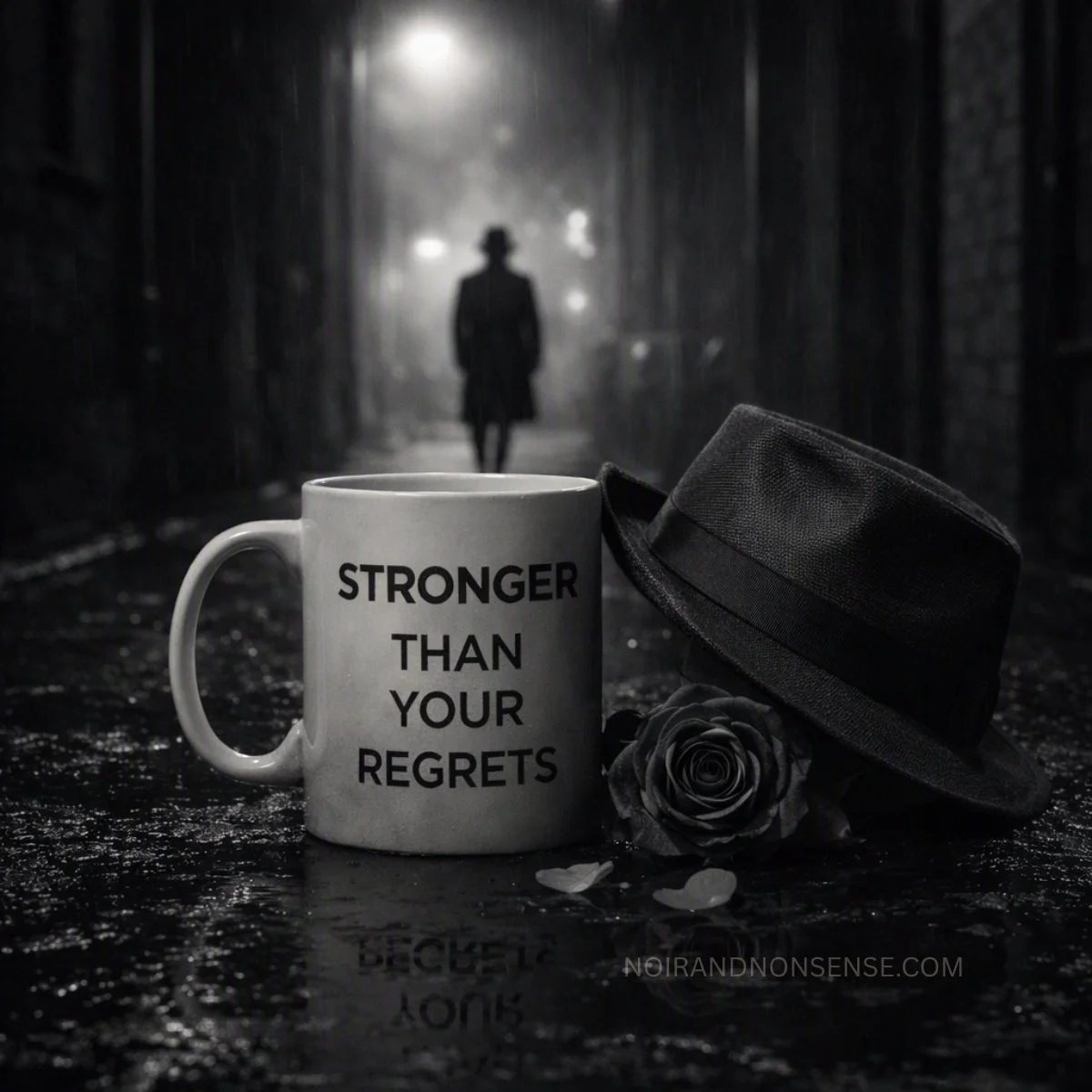 Coffee mug reading “Stronger Than Your Regrets” beside a fedora and black rose on a rainy noir street.