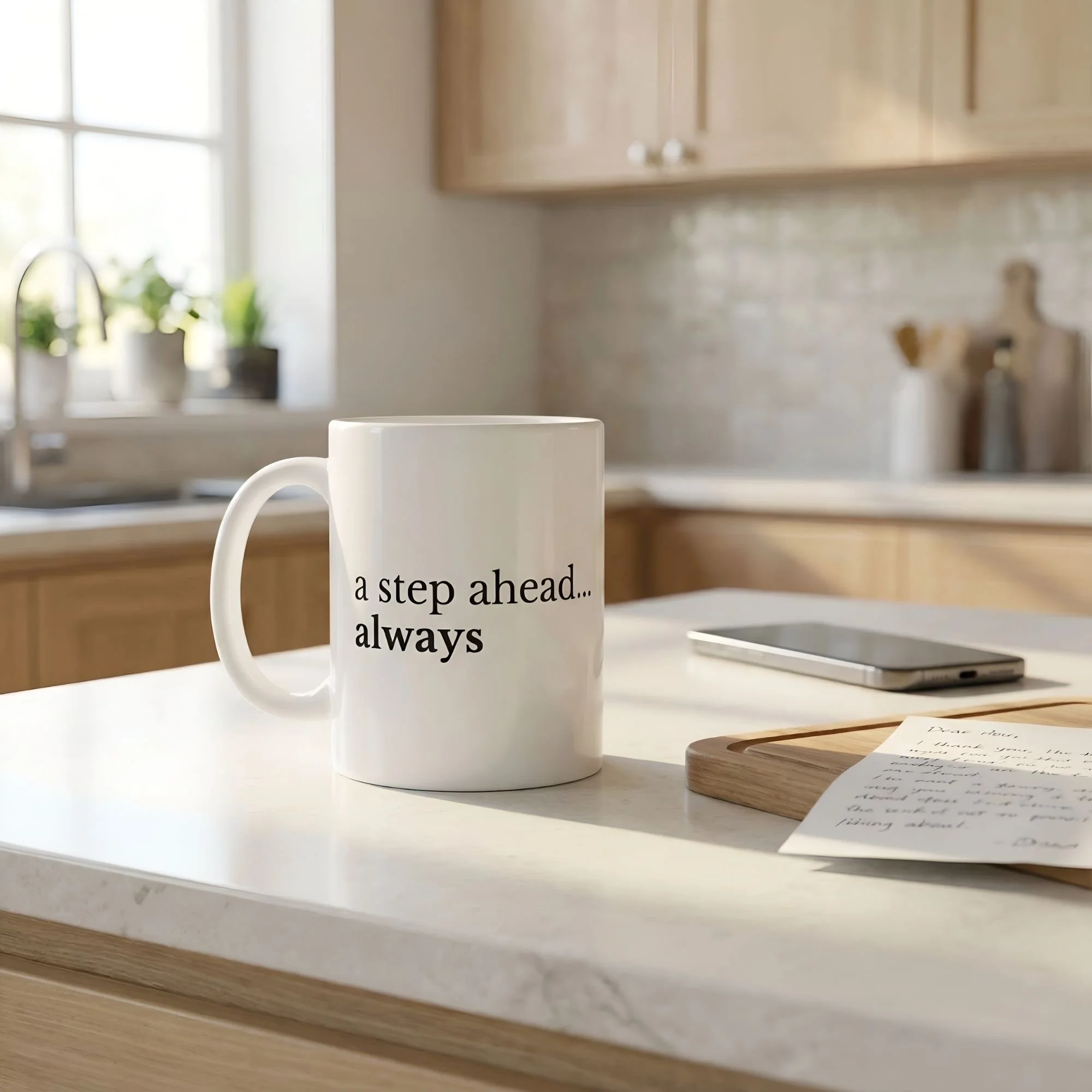 A step ahead always 11oz white ceramic - resting on a kitchen island with cell phone and wood block