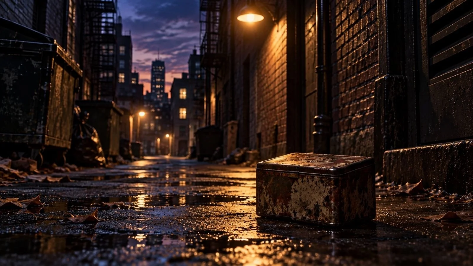 Battered tin box lying in a wet city alley at dusk.