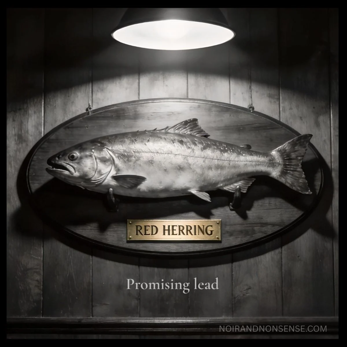 Black-and-white mounted fish beneath a spotlight with a plaque reading “Red Herring” and the words “Promising lead.”
