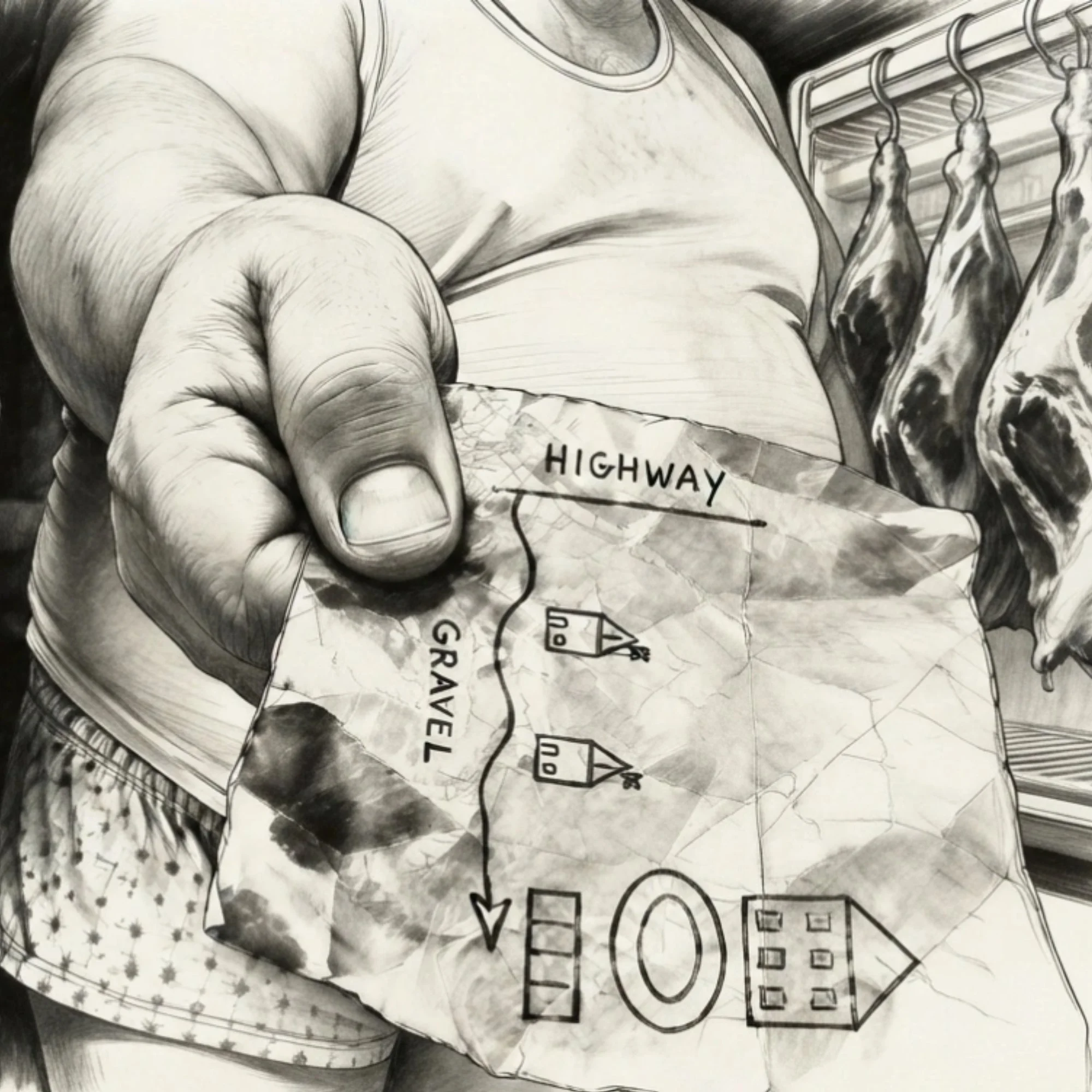 Popeye hands Max a hand-drawn map sketched on deli paper, revealing the route to Ludlow's home..