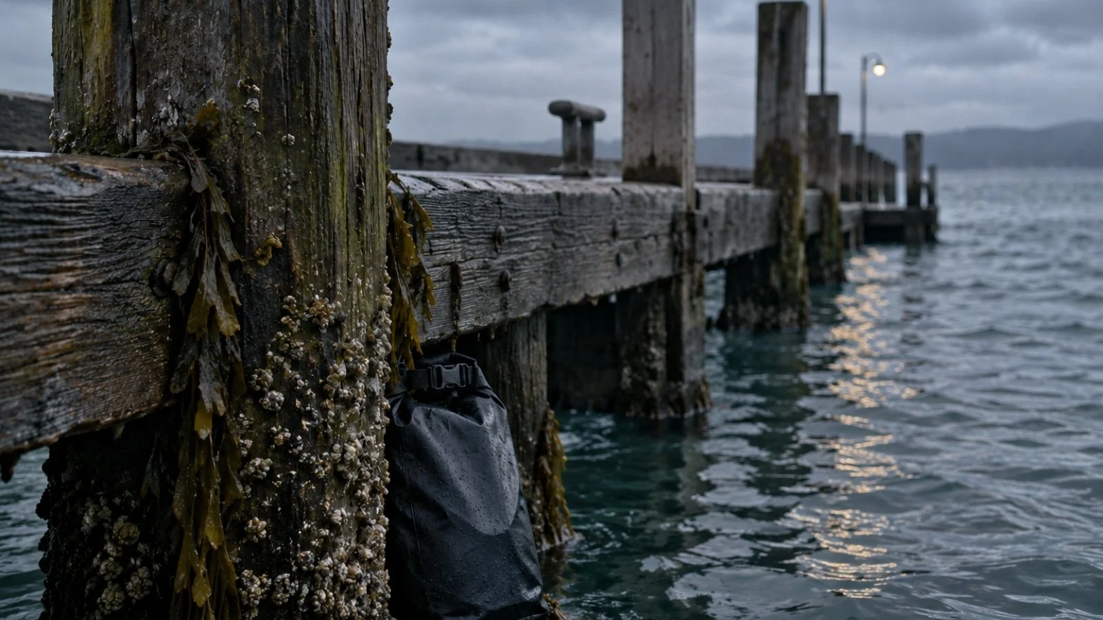 Weathered pier over dark water with a waterproof bag secured to a barnacle-covered piling.