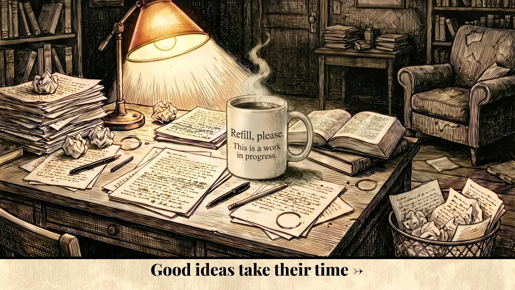 Noir writer’s desk illustration with a steaming “Refill, Please. This Is a Work in Progress.” mug beside scattered drafts and the line “Good ideas take their time.”