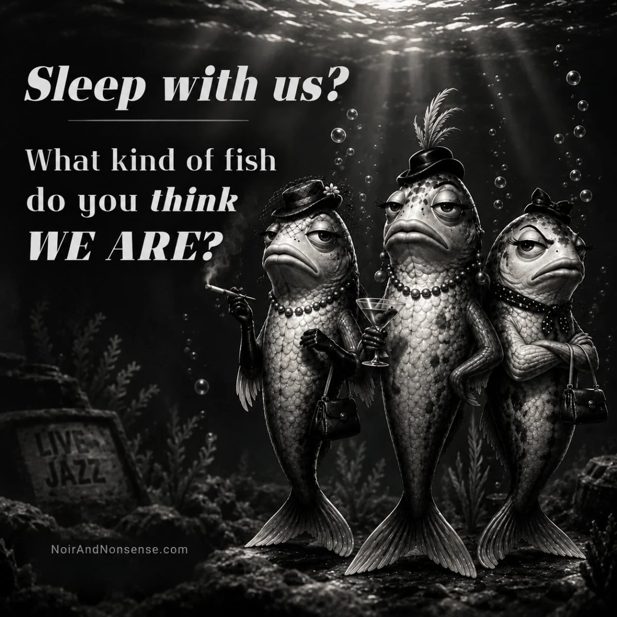 Three stylish anthropomorphic fish wearing hats and pearls with the words, “Sleep with us? What kind of fish do you think WE ARE?