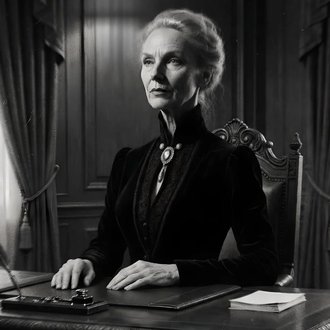 Agatha seated at her desk waiting for news from Jack