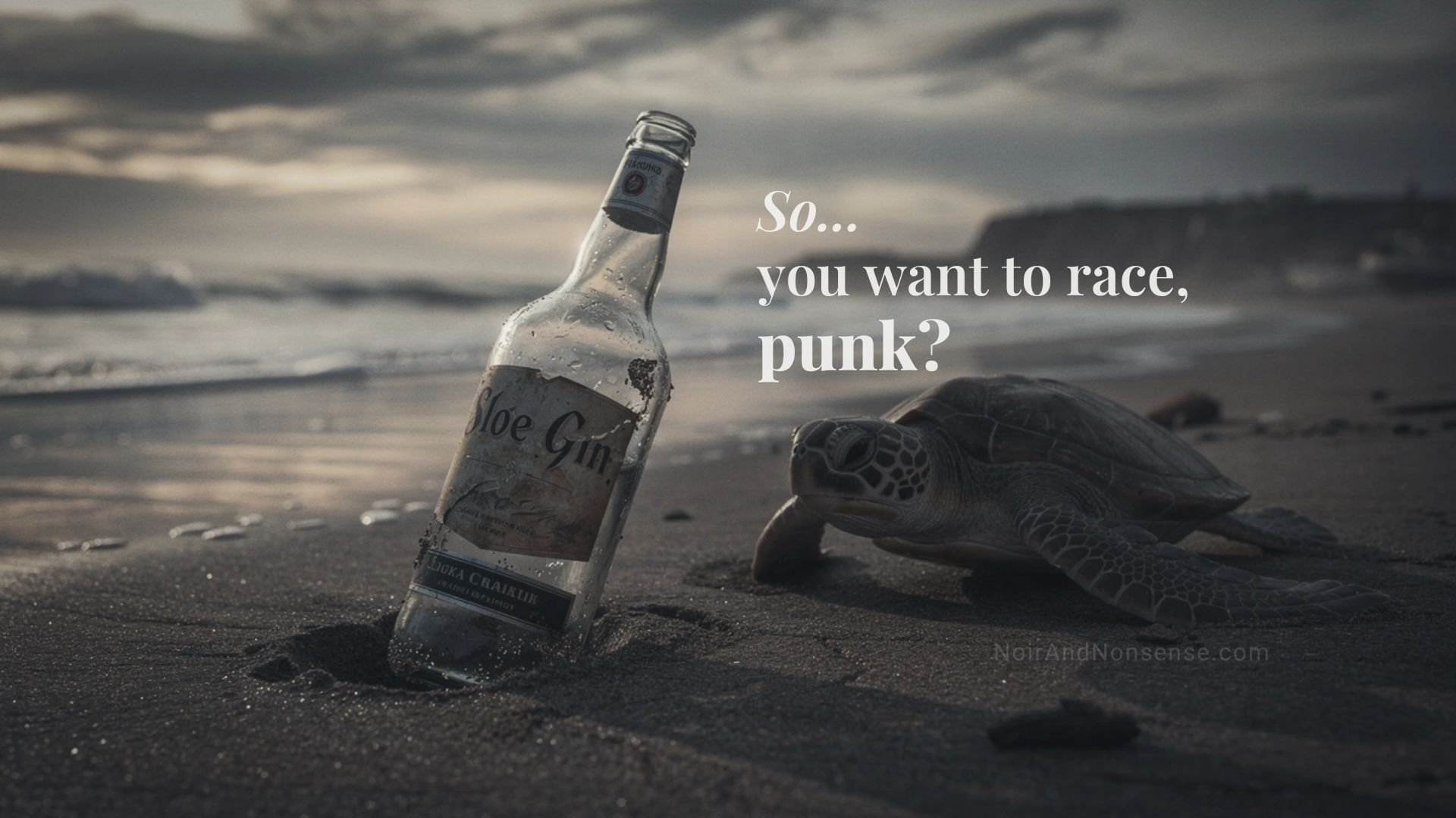 Sea turtle on a dim beach moving past a half-buried bottle of sloe gin under cloudy skies