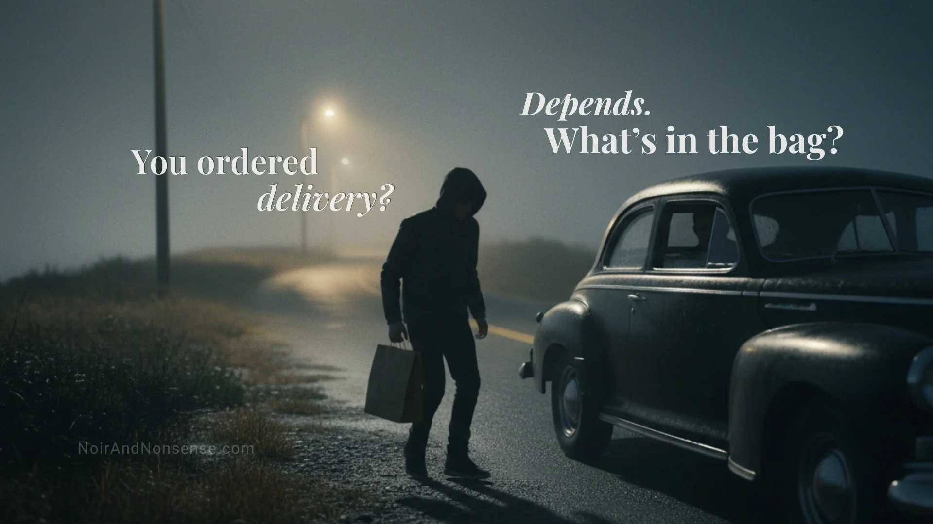 Mysterious hooded figure holding a bag beside a vintage car on a foggy rural road at night while discussing a suspicious delivery.