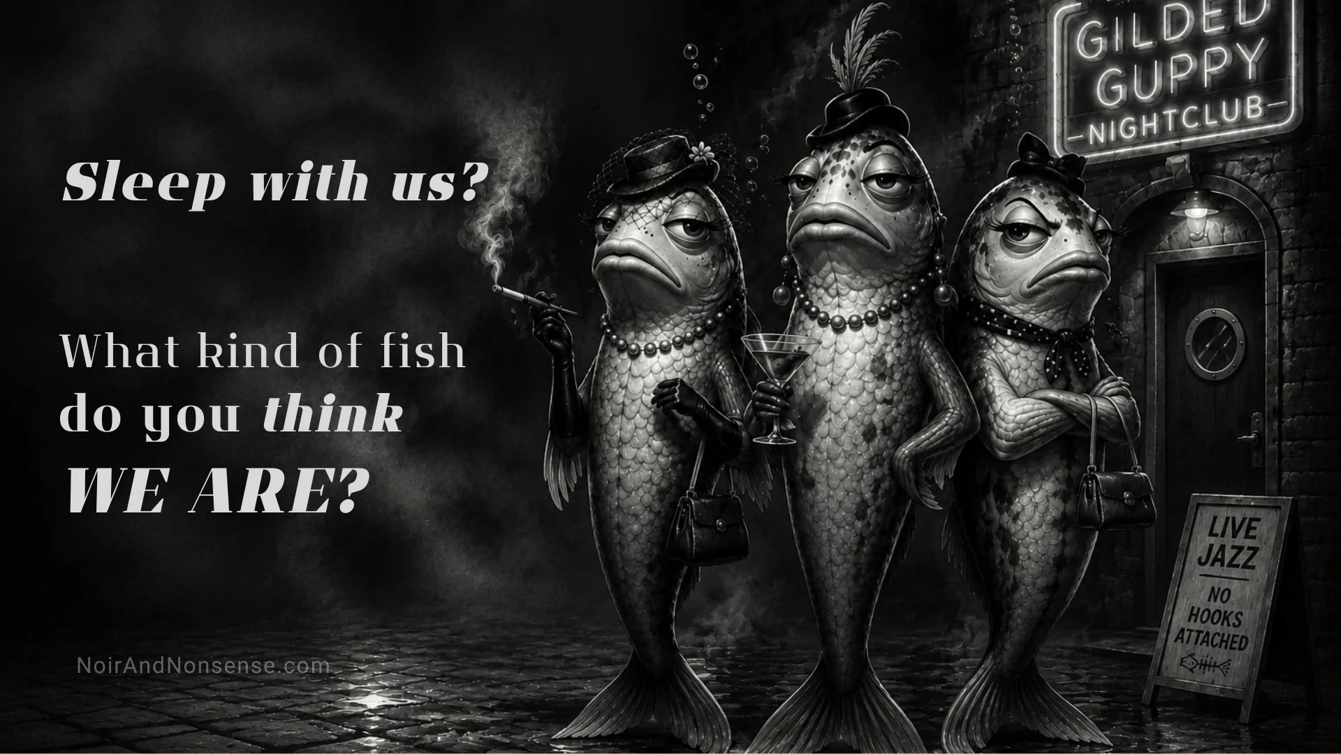 Three anthropomorphic female fish in vintage noir attire stand outside the Gilded Guppy Nightclub looking unimpressed beneath a glowing nightclub sign. The image contains the text: Sleep with us? What kind of fish do you think we are?