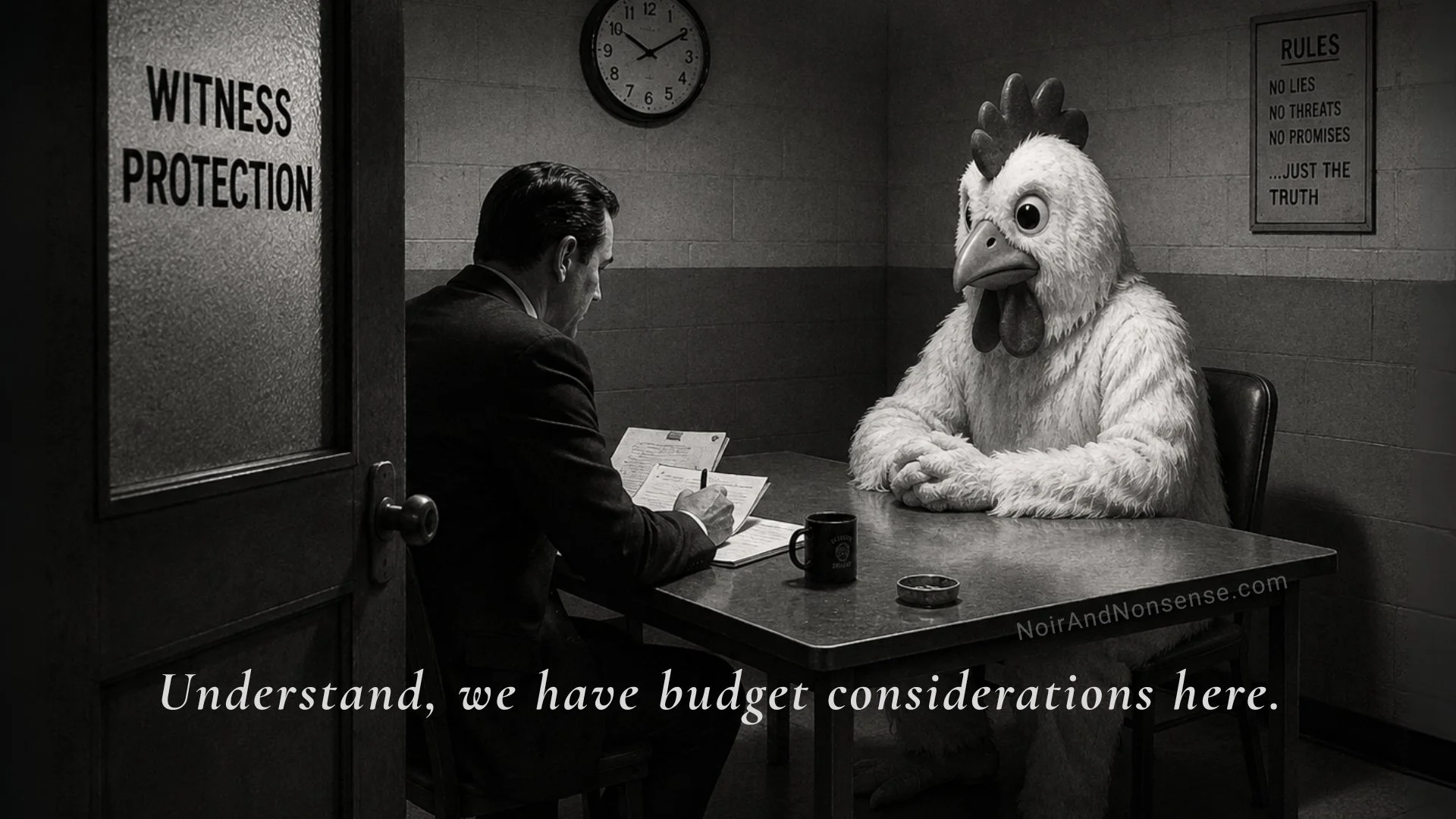 A detective interviews a witness wearing a giant chicken costume in a witness protection room as the caption jokes about budget considerations.