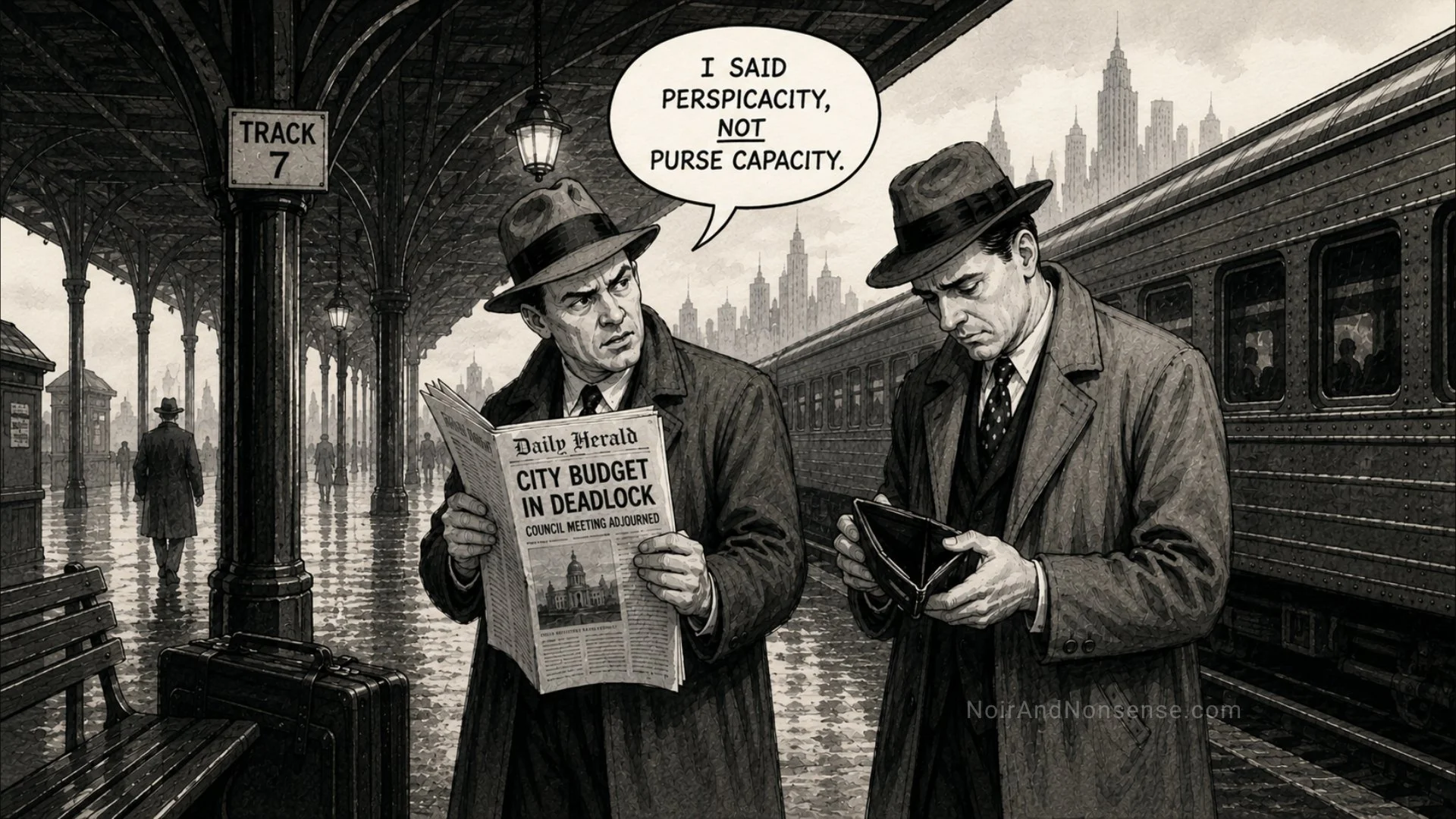Two men in fedoras stand on a rainy train platform, one reading a newspaper and the other looking into an empty wallet. A speech bubble reads, “I said perspicacity, not purse capacity.”