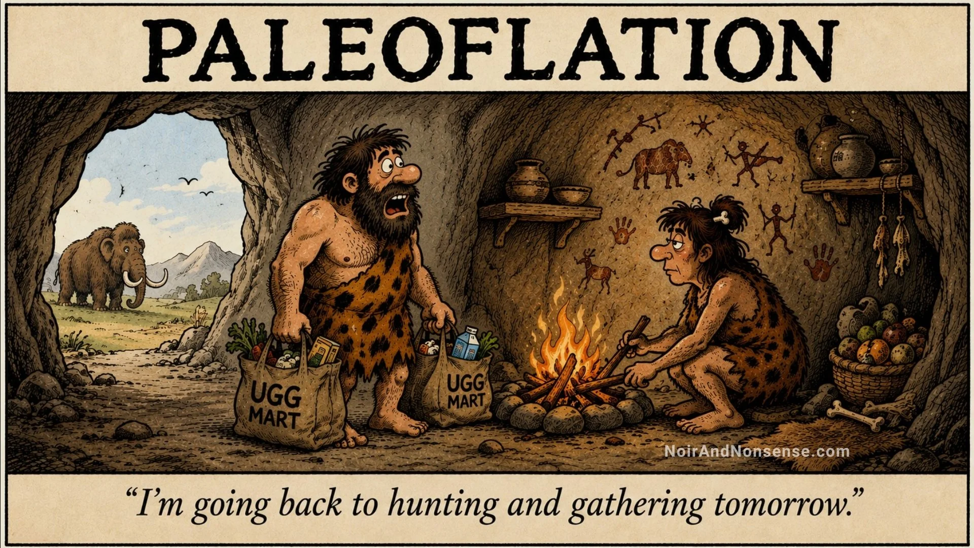 Cartoon caveman returns from UGG Mart carrying grocery bags and tells a woman by the fire, “I’m going back to hunting and gathering tomorrow.”