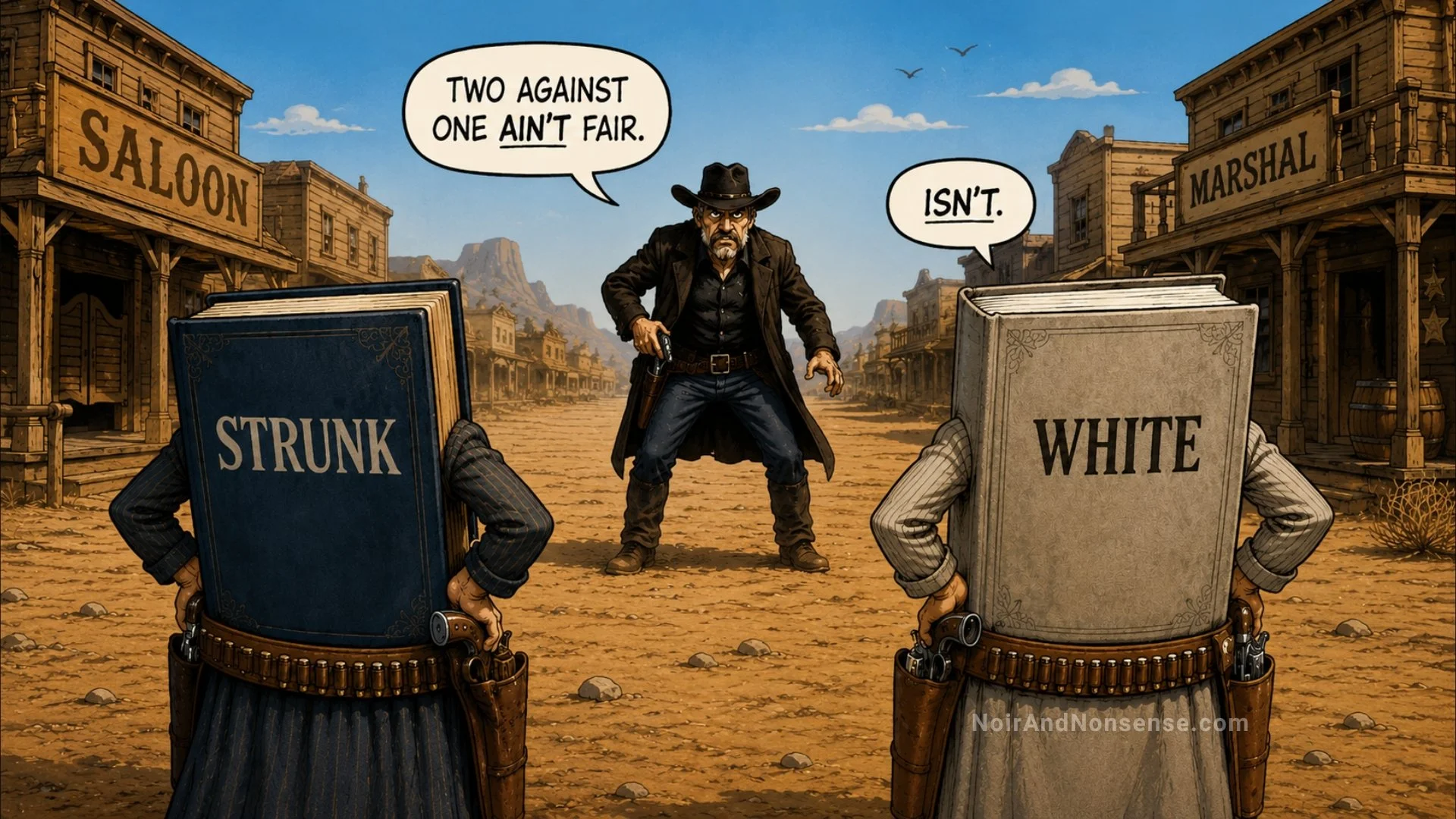 Illustrated Wild West showdown with Strunk and White facing a gunslinger who says, “Two against one ain’t fair,” and White replies, “Isn’t.”