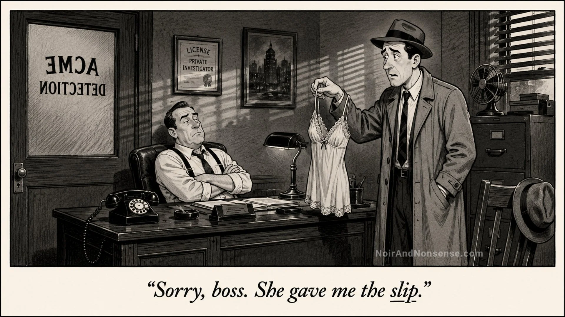 Black-and-white illustration of a private investigator holding up a woman's slip while telling his unimpressed boss, “Sorry, boss. She gave me the slip.”