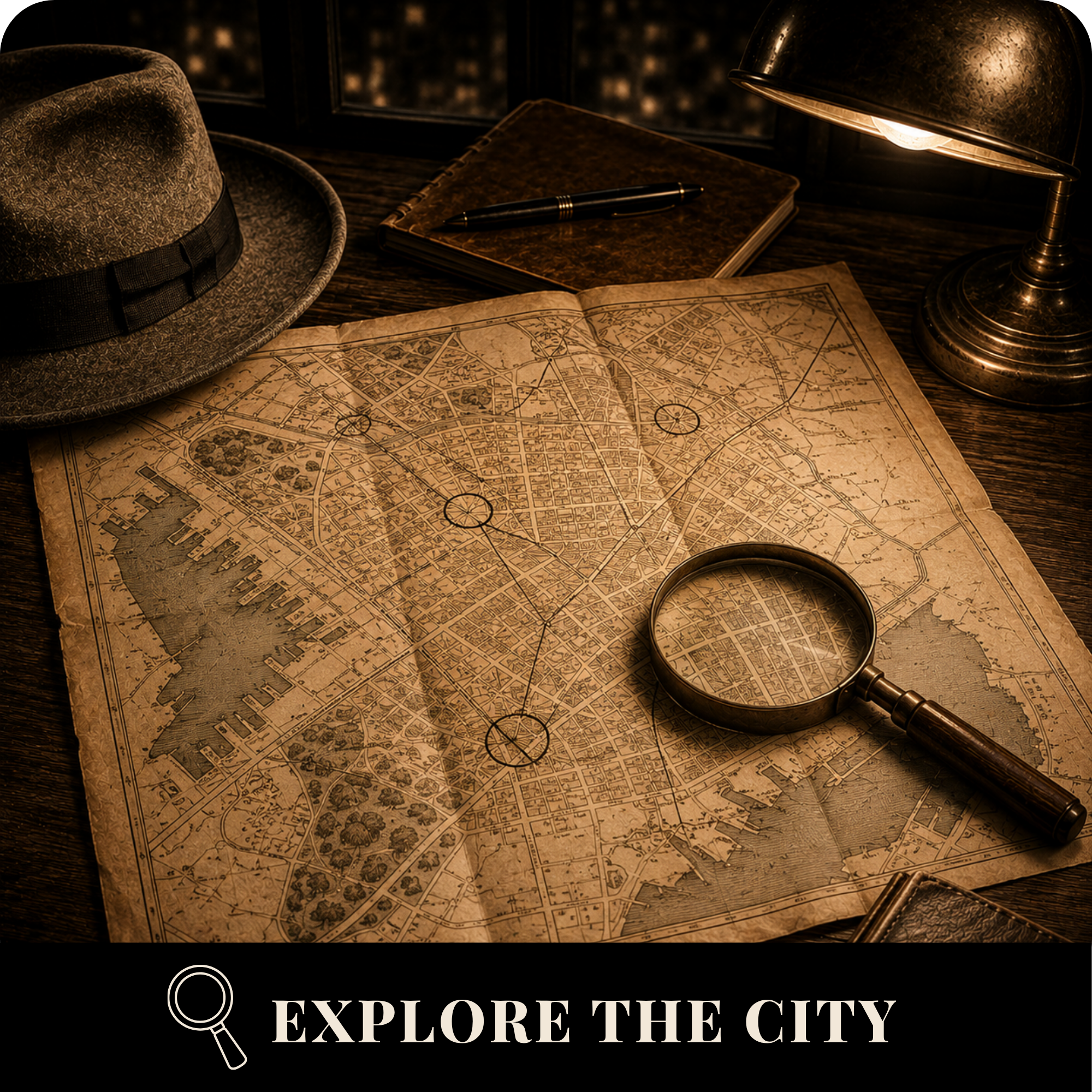 Vintage city map with a magnifying glass, fedora, notebook, and desk lamp.
