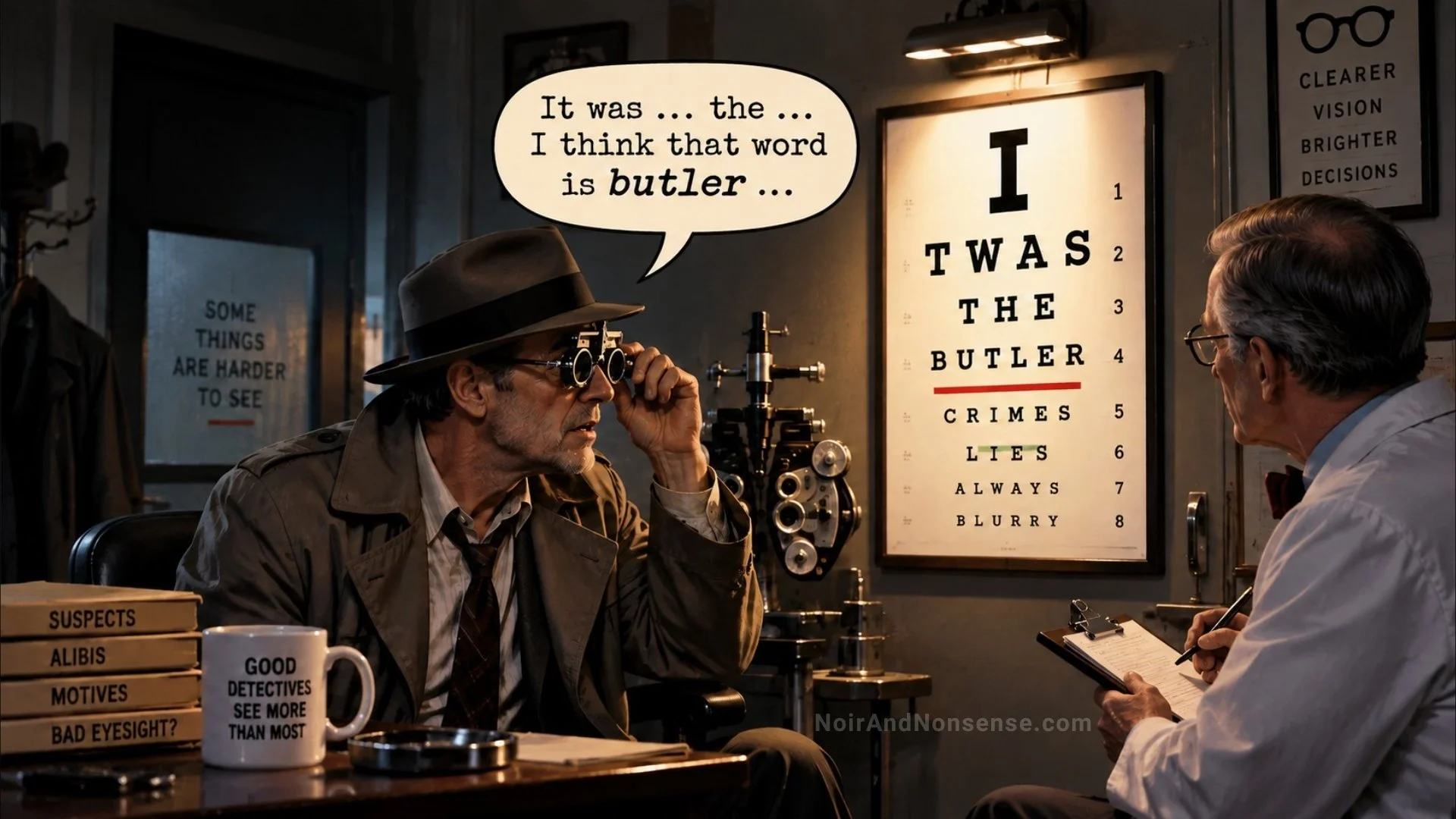 A private detective in a fedora takes an eye exam while reading a chart that spells out “It was the butler.”