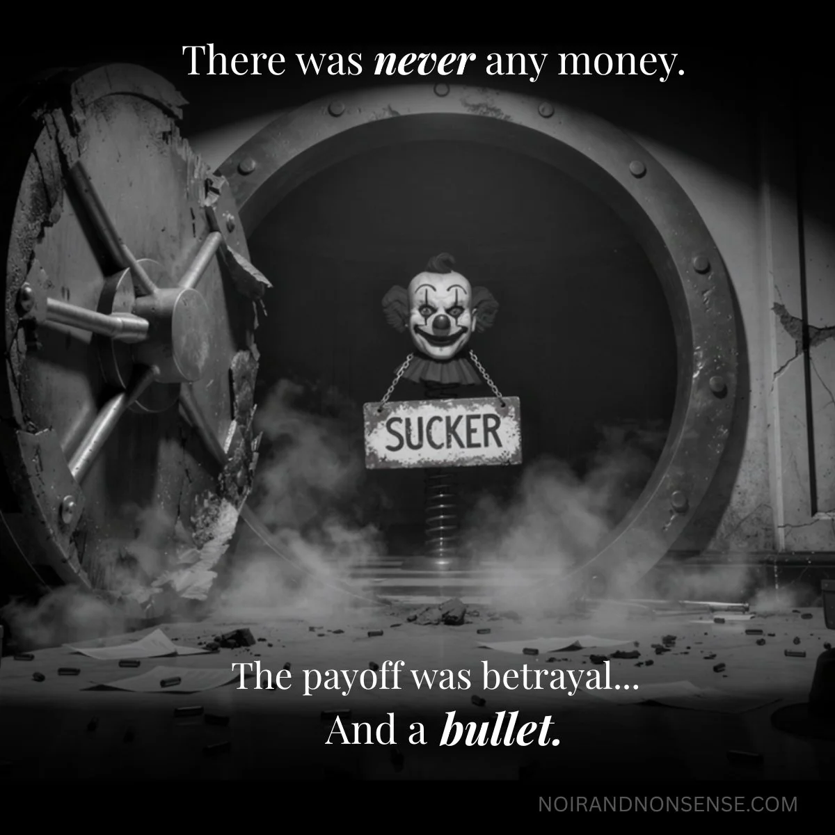 Clown figure inside an open bank vault holding a “Sucker” sign, with the words “There was never any money” above.