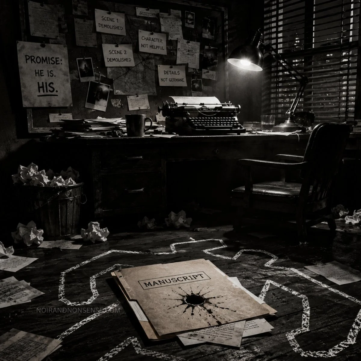 Dark writer’s office with a typewriter, story notes pinned to the wall, crumpled paper, and a manuscript with a bullet hole on the floor.