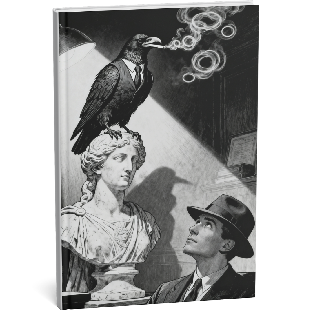 A black-and-white noir scene featuring a detective in a dimly lit office with a raven companion, cigarette smoke drifting through the room. The cover artwork for Another Night in Tinseltown by Don Blinebry.