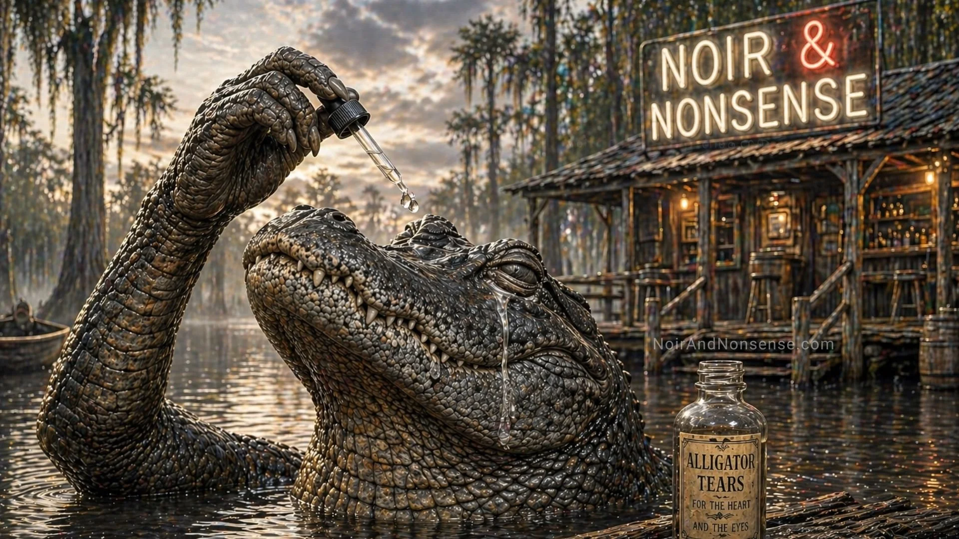 Alligator in a swamp using an eyedropper as a tear falls near a rustic bayou bar with a glowing Noir & Nonsense sign