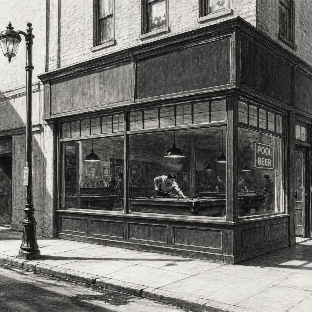 Corner pool hall building with large glass windows showing men playing pool inside during the day in a noir setting