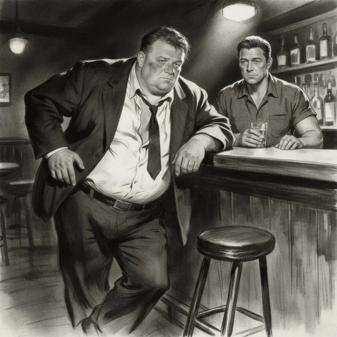 Two men at a bar having a serious conversation in a dark noir setting