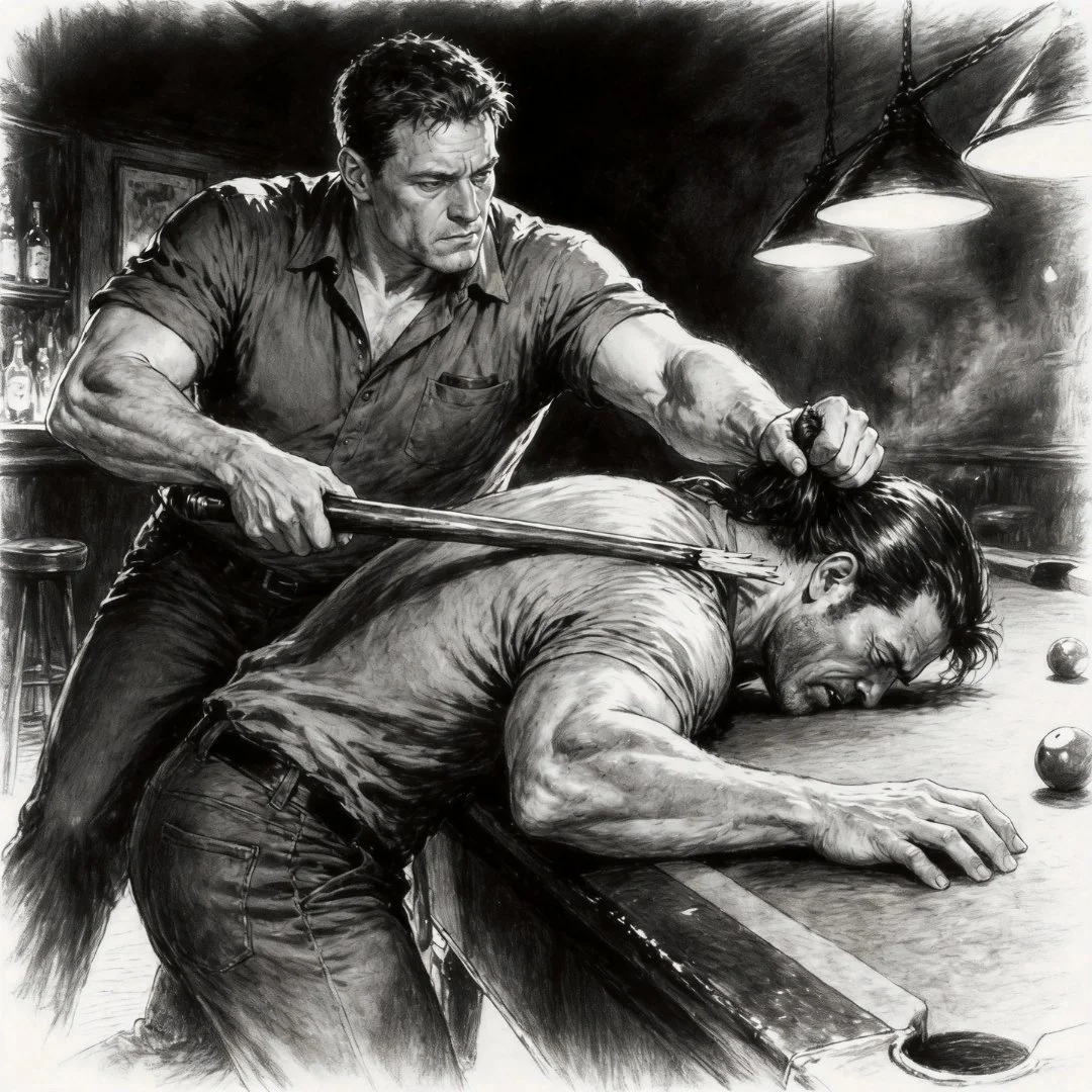 Man forcing another man onto a pool table while holding a broken cue stick in a tense noir scene