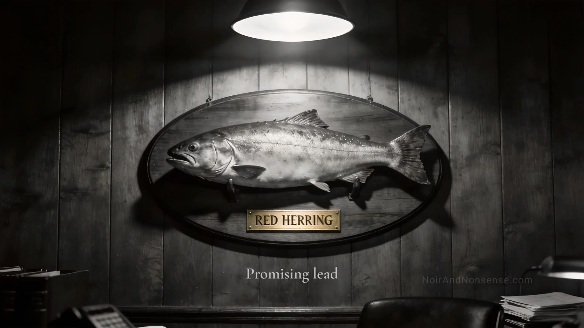 a detective's favorite clue, his red herring mounted on a wall, caption reads Promising Lead