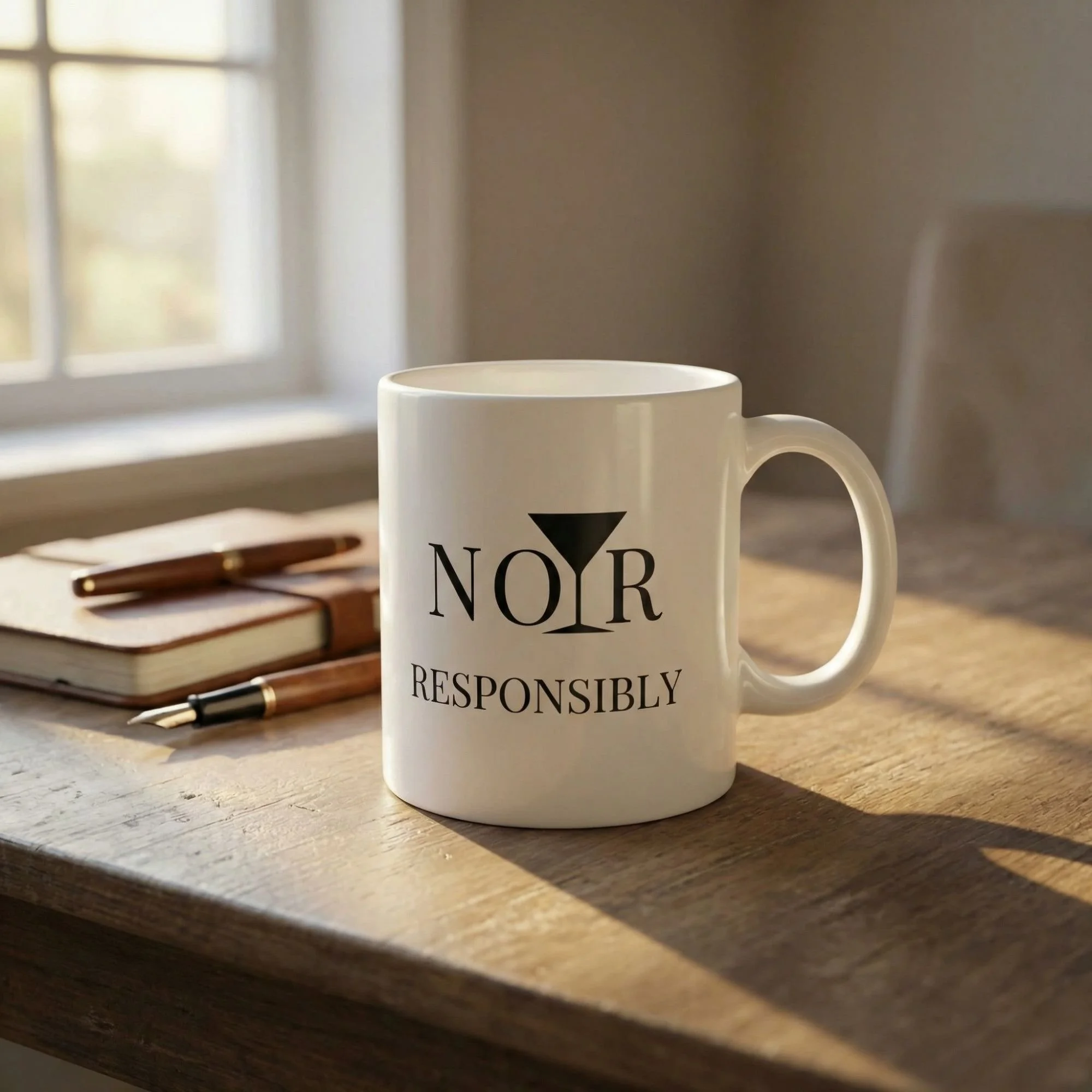 NOIR RESPONSIBLY 11 oz white ceramic mug on a wood writing desk with journal and pens