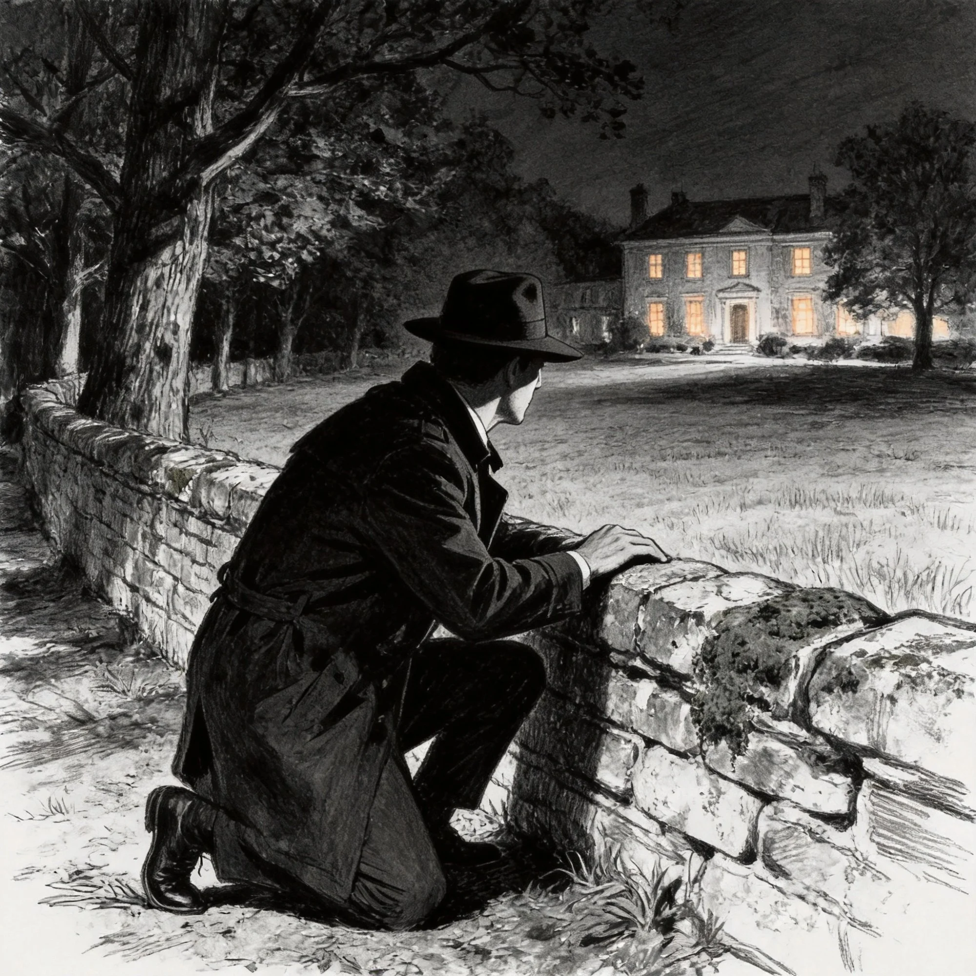 Max Moxie crouches behind a low stone wall, watching Ludlow's brightly lit estate under the cover of darkness.