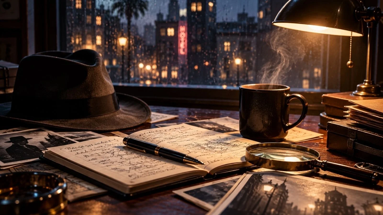 Noir investigator’s desk with a fedora, notebook, photographs, magnifying glass, and coffee beside a rain-streaked window overlooking the city at night.