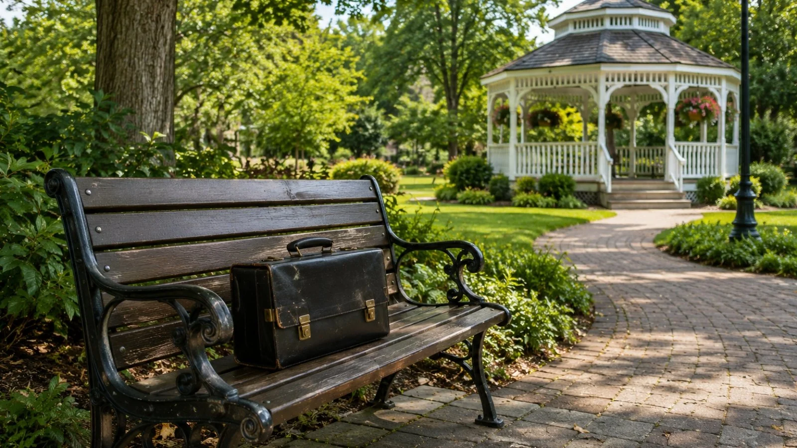 A battered black briefcase sits unattended on a park bench near a gazebo on a sunny day.