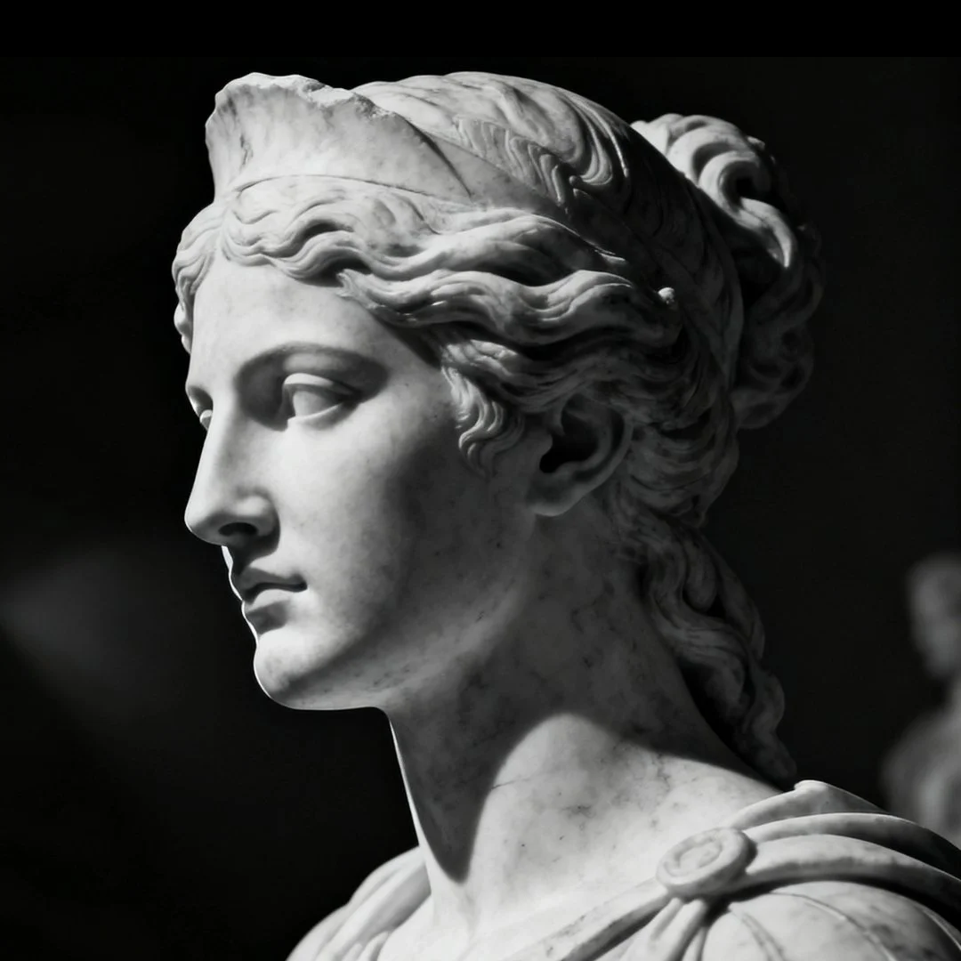 Black-and-white portrait of the Pallas statue from Another Night in Tinseltown shown in side profile.