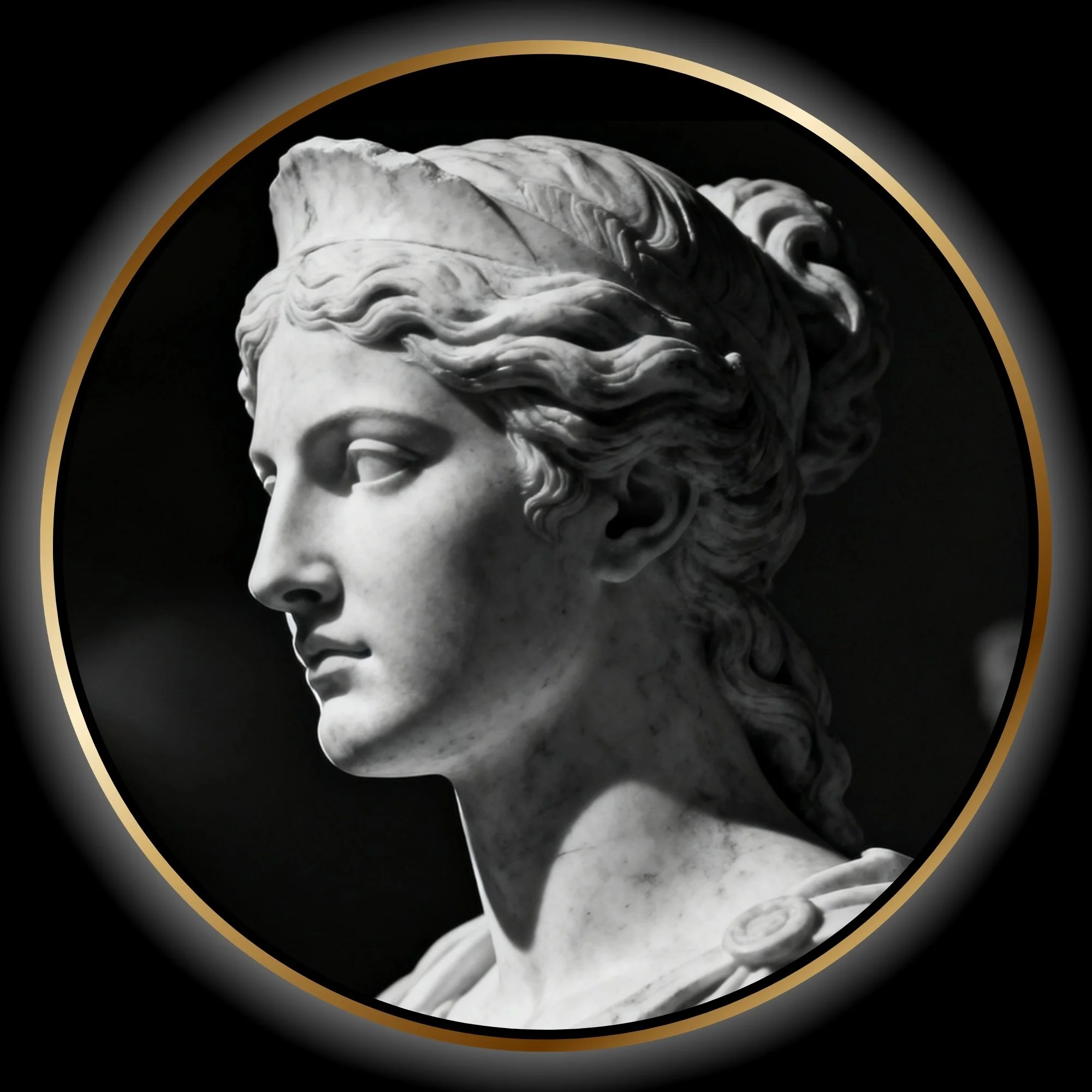 Black-and-white portrait of the Pallas statue from Another Night in Tinseltown shown in side profile.
