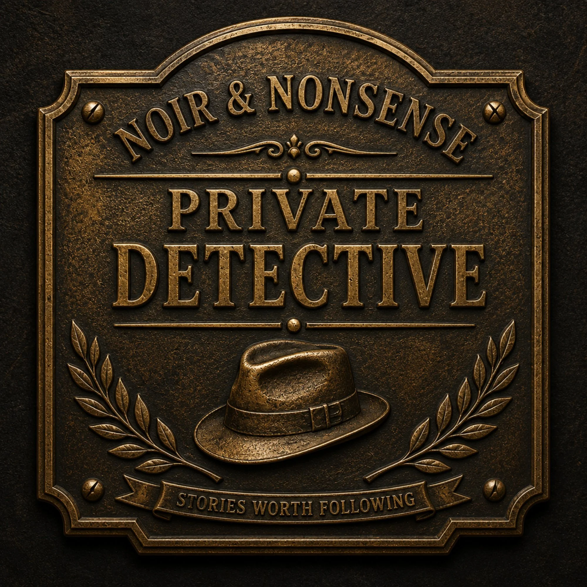 An engraved brass plaque reading "Noir & Nonsense Private Detective" with a fedora emblem and laurel branches against a dark textured background.