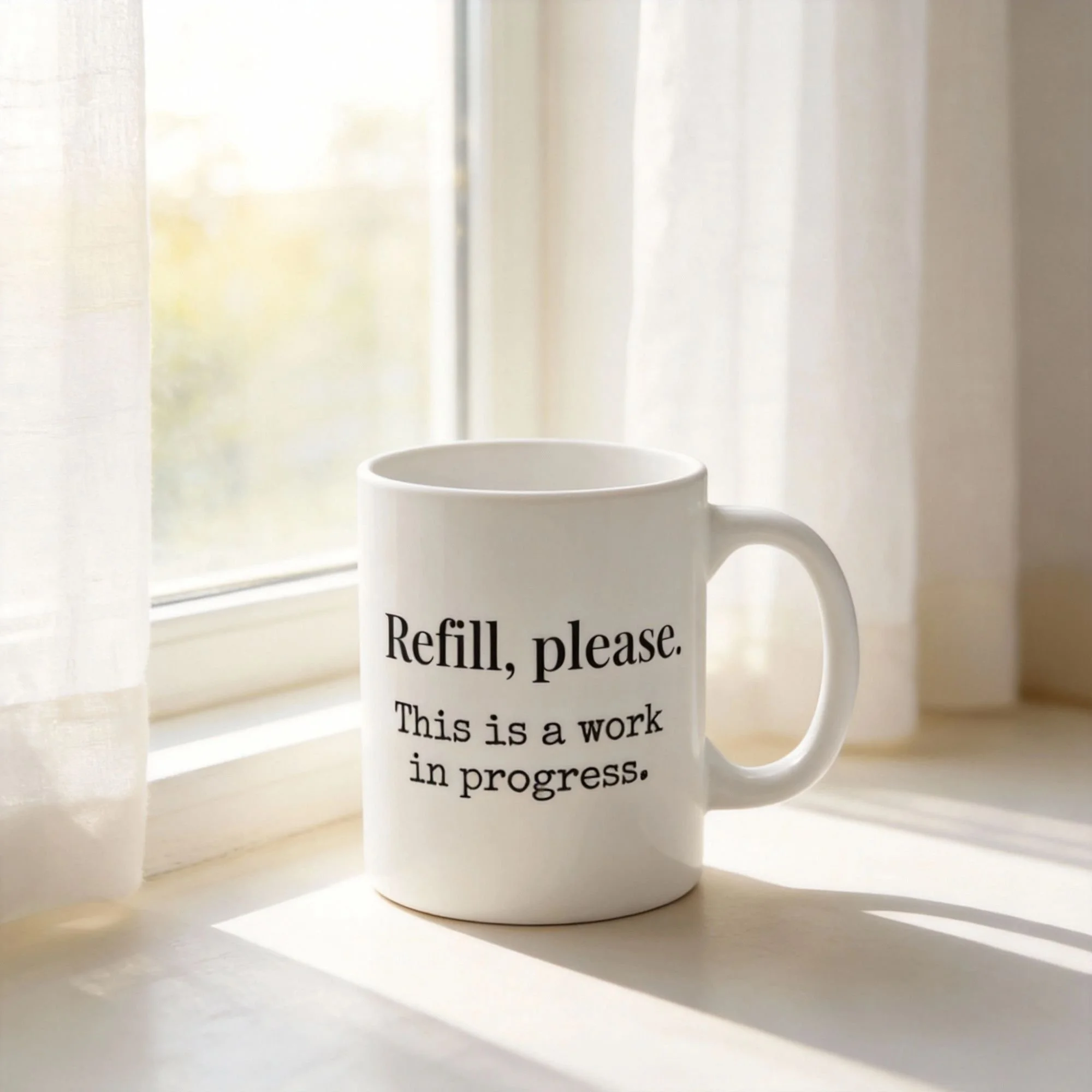 Refill Please This is a work in progress 11 oz white ceramic mug near a window as your First Moment of the day
