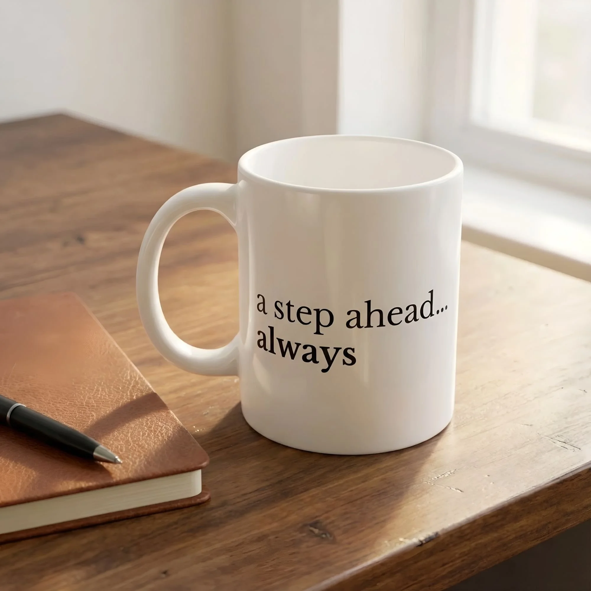 A step ahead always 11oz white ceramic - resting on a light brown desk with journal and pen