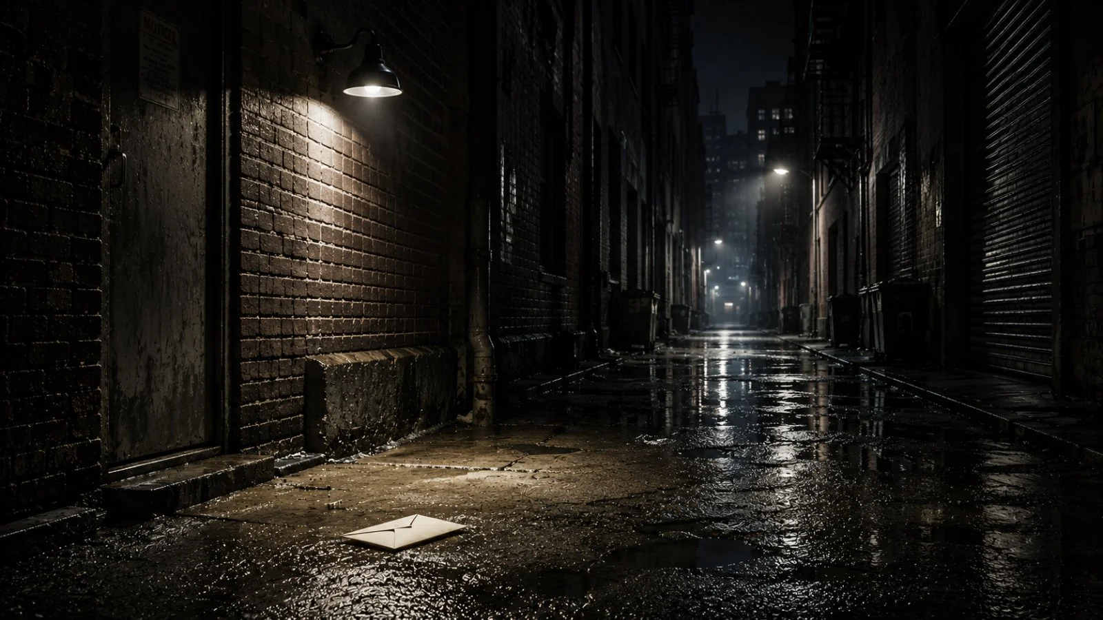 Sealed envelope lying on the wet pavement of a dark city alley beneath a wall-mounted light.