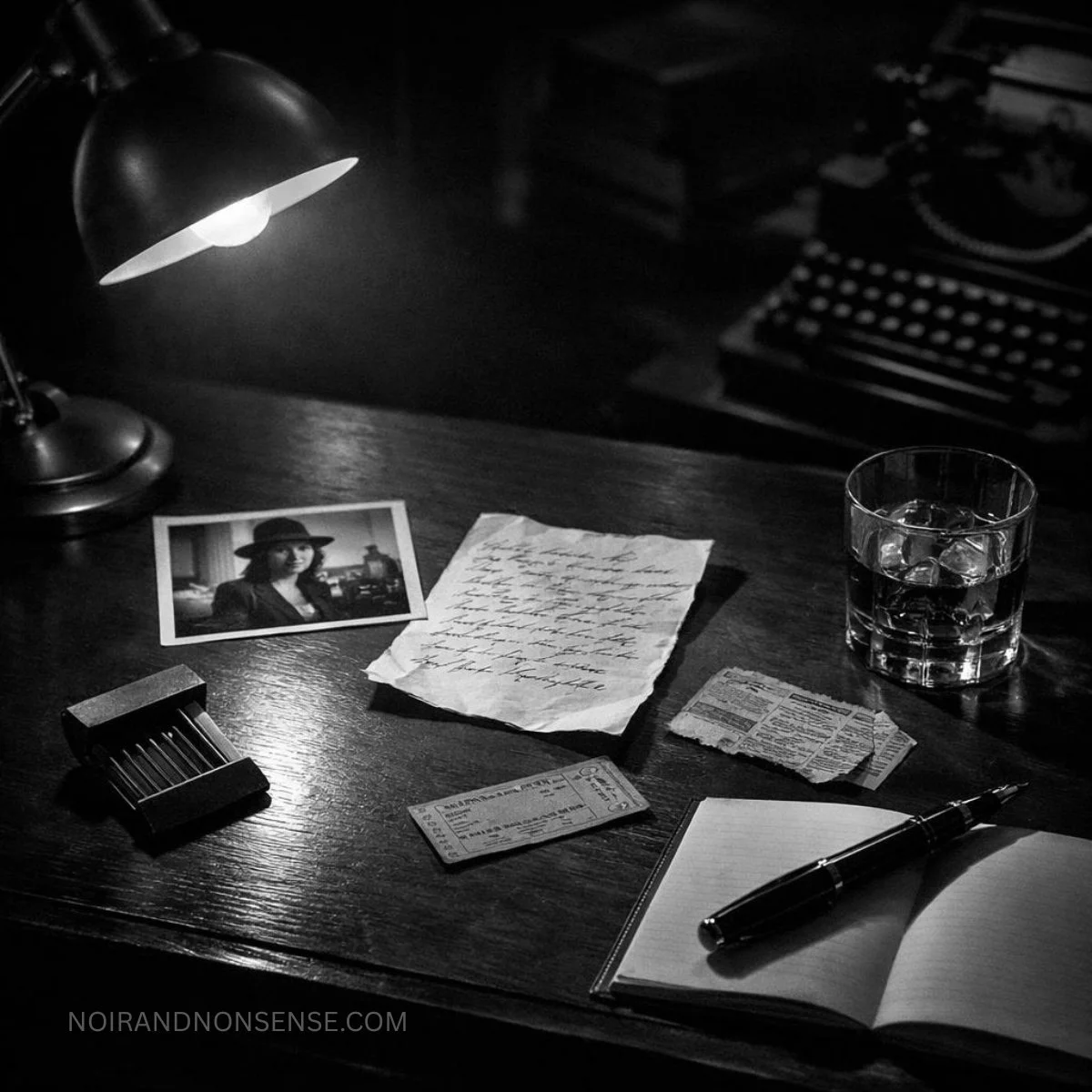 Black-and-white noir writing desk with a lamp, typewriter, handwritten notes, photographs, pen, and glass.