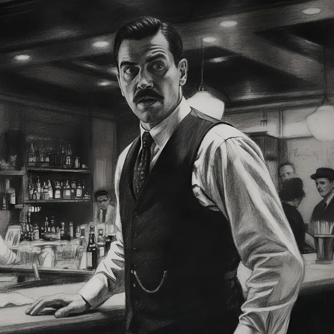 Raul looking offended standing by bar counter from Anger Mismanagement