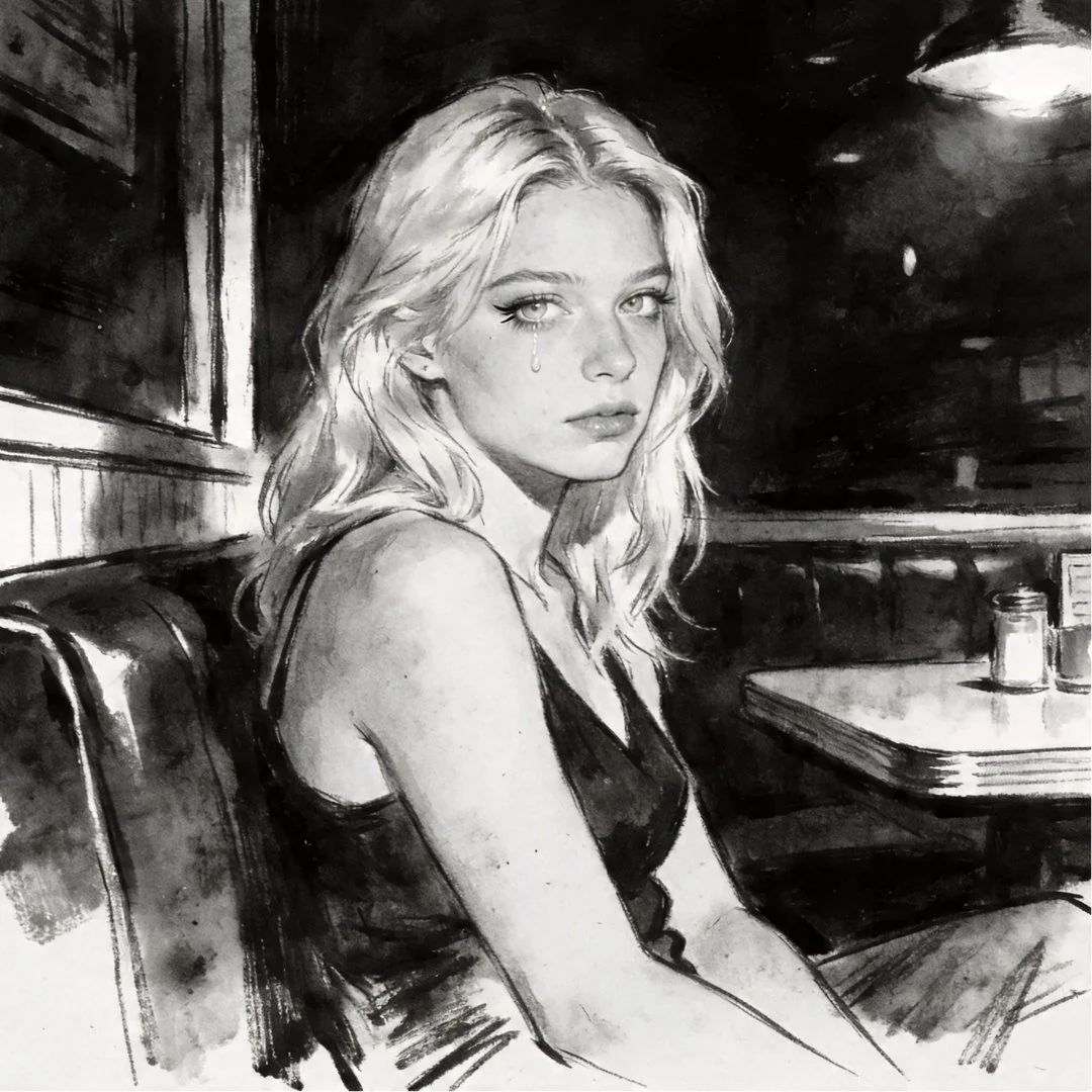 Blonde woman with a tear in her eye sitting in a dimly lit diner booth, noir-style illustration suggesting emotional ambiguity.