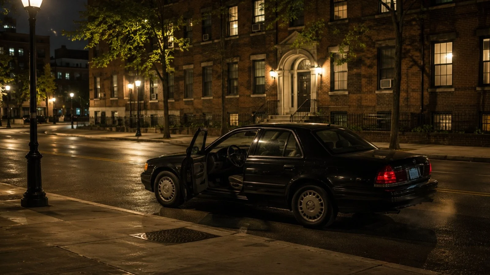 A black sedan sits with its driver's door open on a well-lit city street at night.