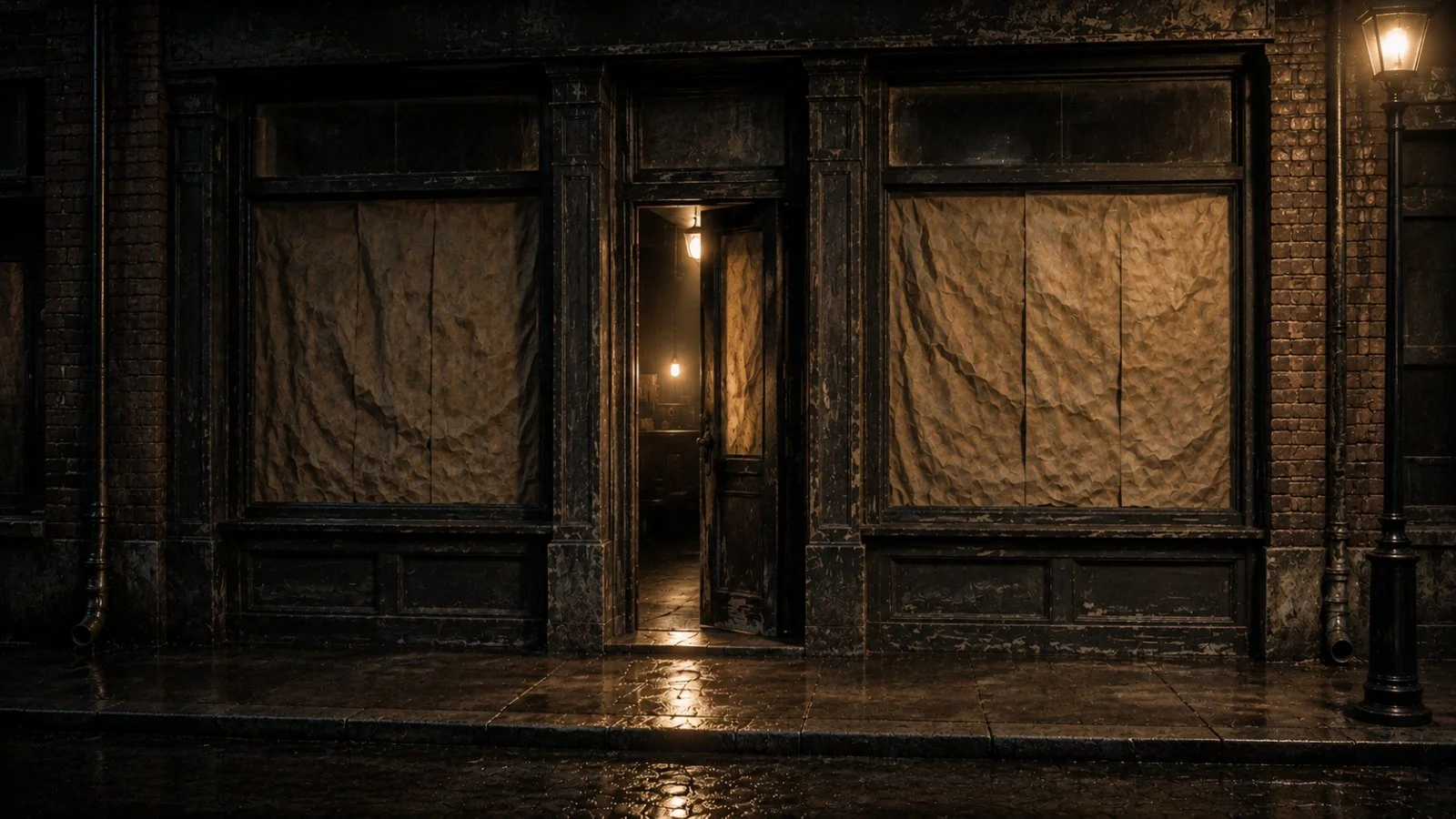 Paper-covered storefront at night with its door slightly ajar and a warm light glowing inside.