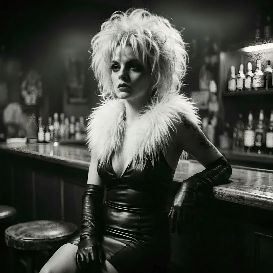 Jeannie waiting for someone special sitting at the bar in a feather boa