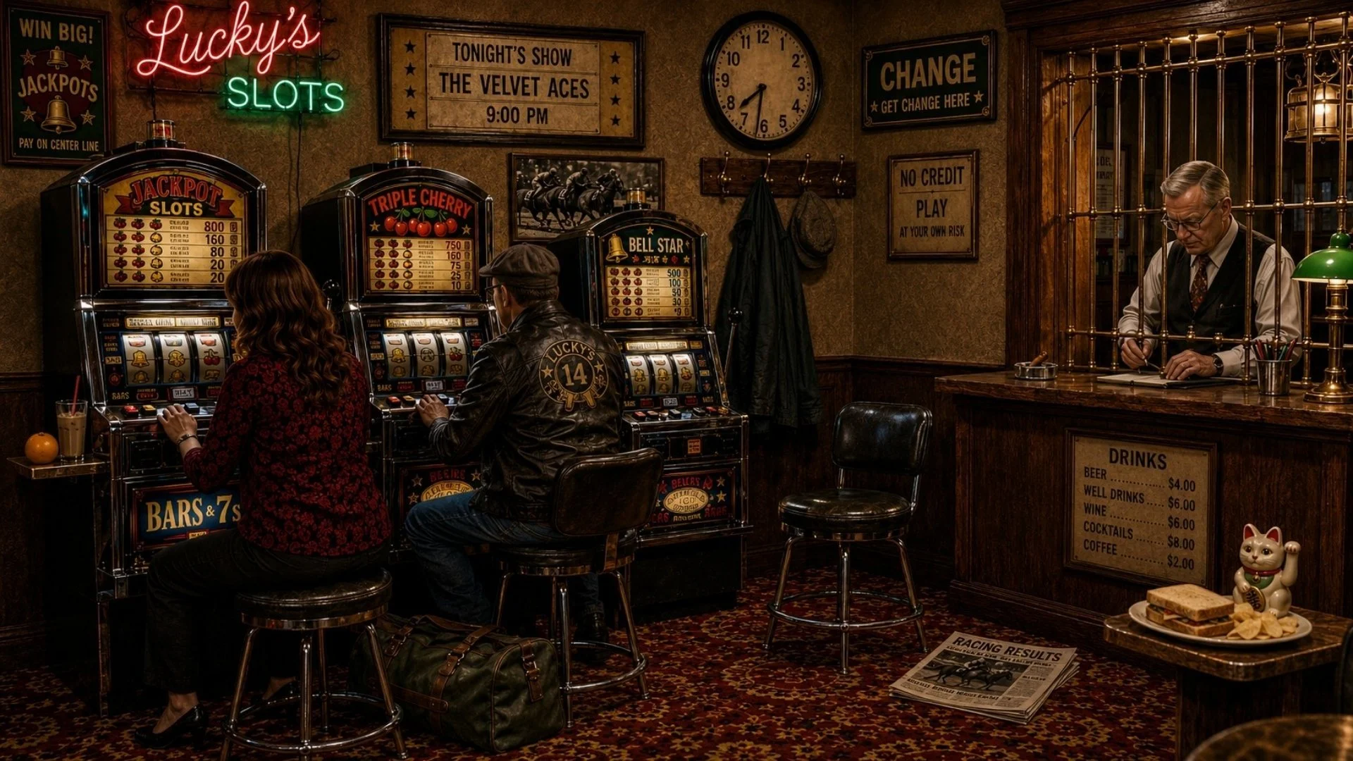 Woman seated at a casino counter while a man in a Lucky’s jacket reads a racing newspaper, surrounded by slot machines and vintage casino signs.