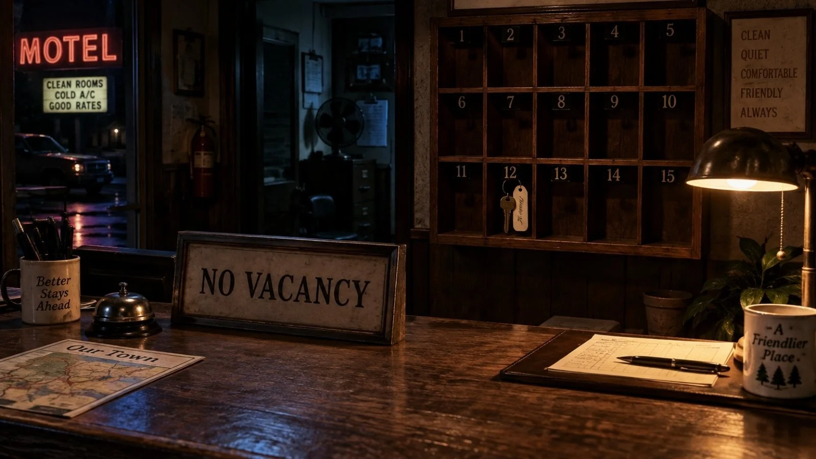 Empty roadside motel office at night with a No Vacancy sign and a single Room 12 key hanging on the rack behind the counter.